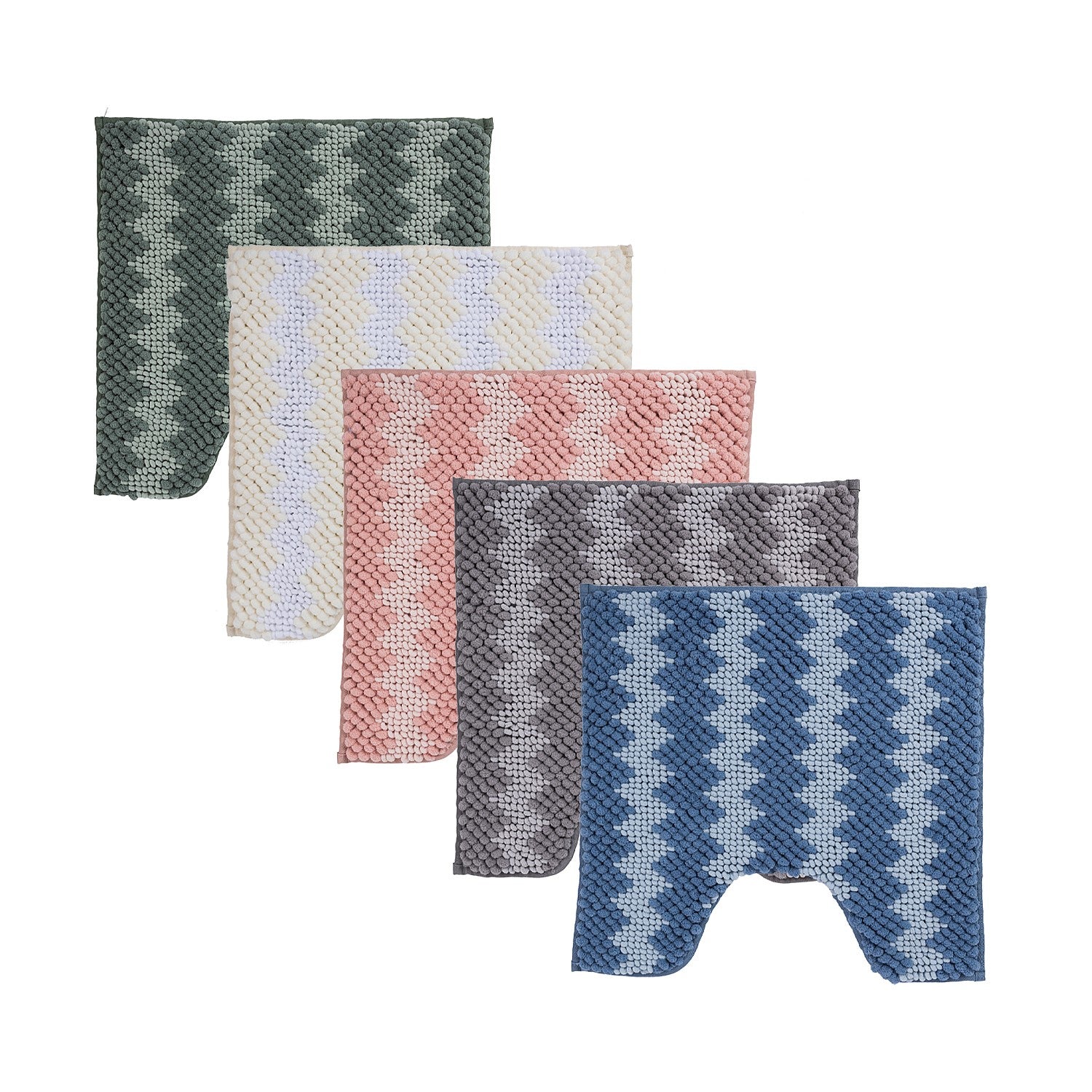 Contour bathmat range featuring soft bobble textures with toggle-inspired zigzag patterns in green, cream, pink, grey, and blue colourways on a clean white background.