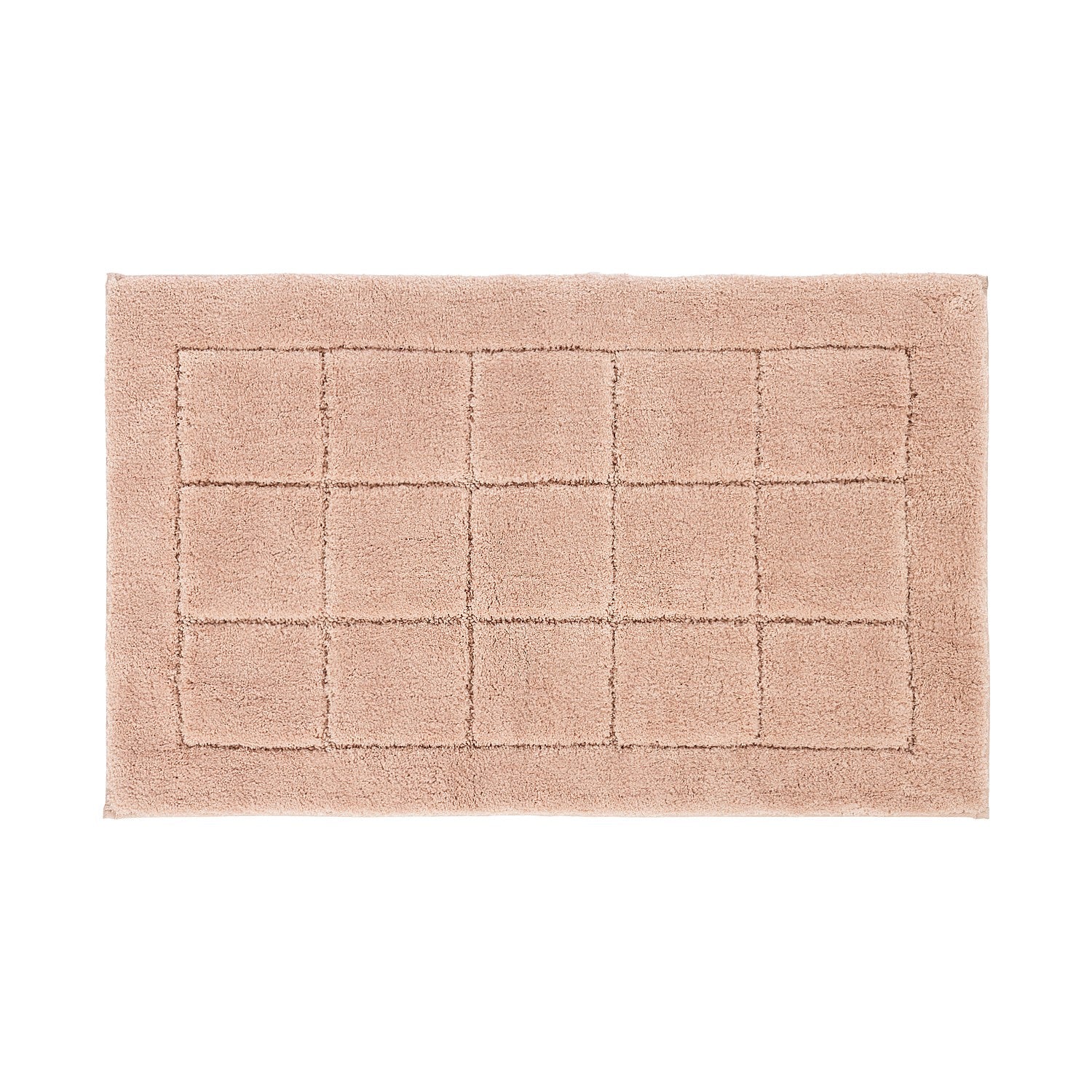 Blush pink bathmat featuring a soft tufted grid design on a clean white background.