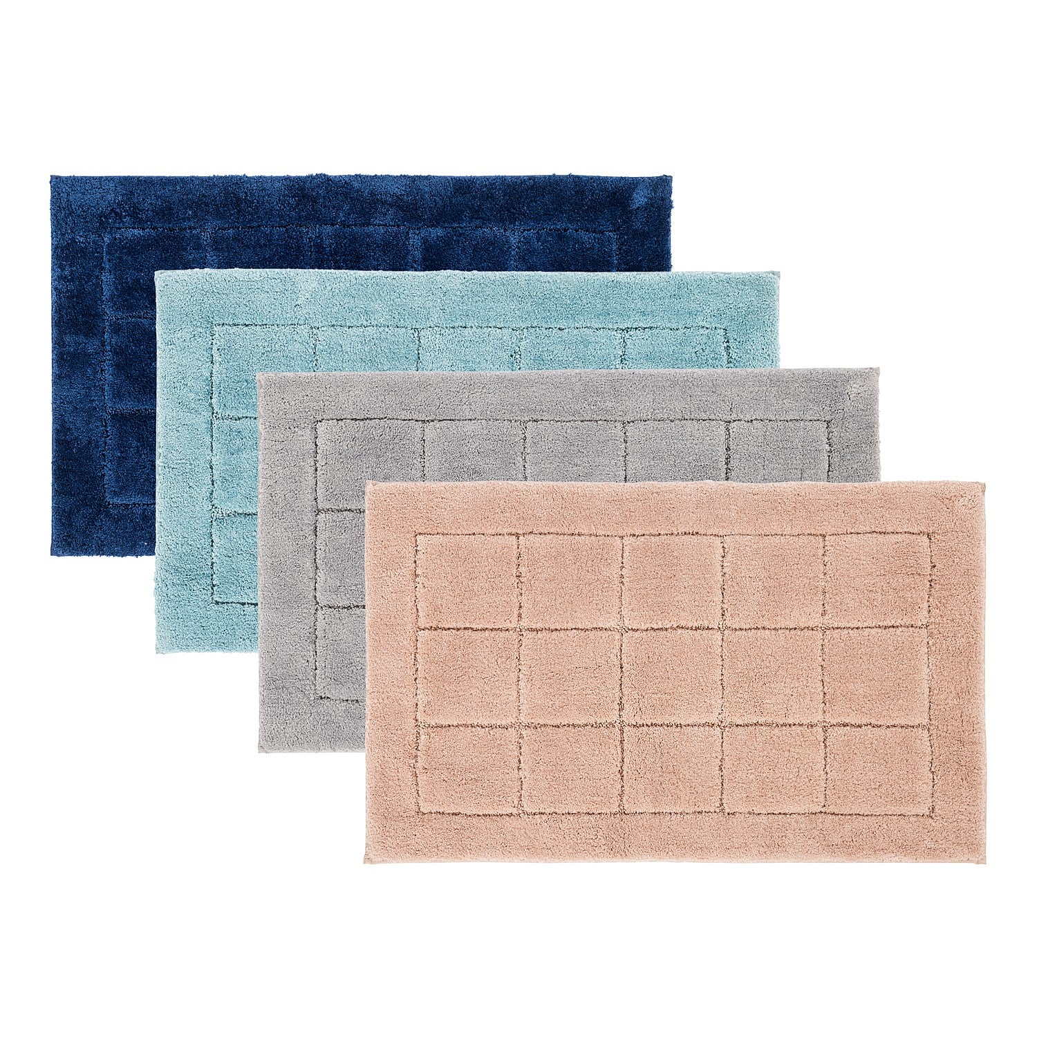 Bathmat range featuring soft tufted grid designs in navy, aqua, silver, and blush colourways on a clean white background.
