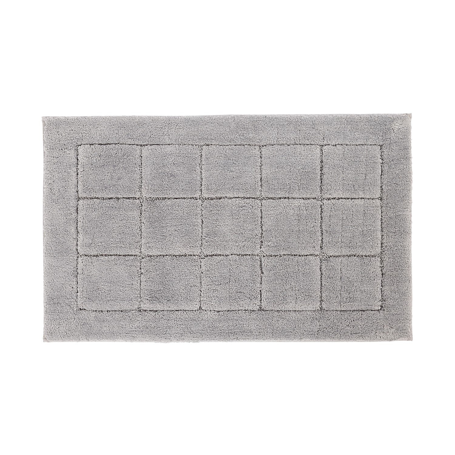 Silver bathmat featuring a soft tufted grid design on a clean white background.