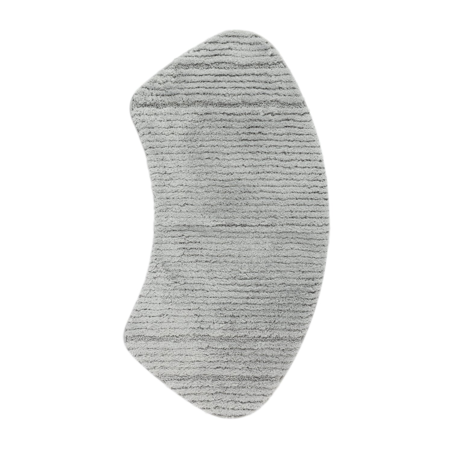 Grey curved shower mat with soft striped texture on a white background.