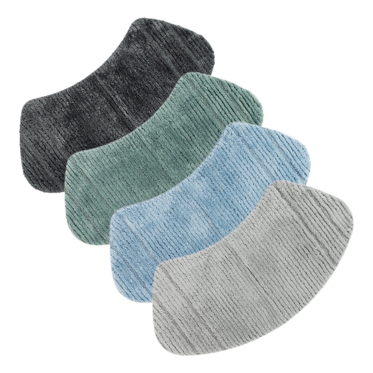 Four curved striped shower mats in coal, sea mist, pale blue, and grey on a white background.