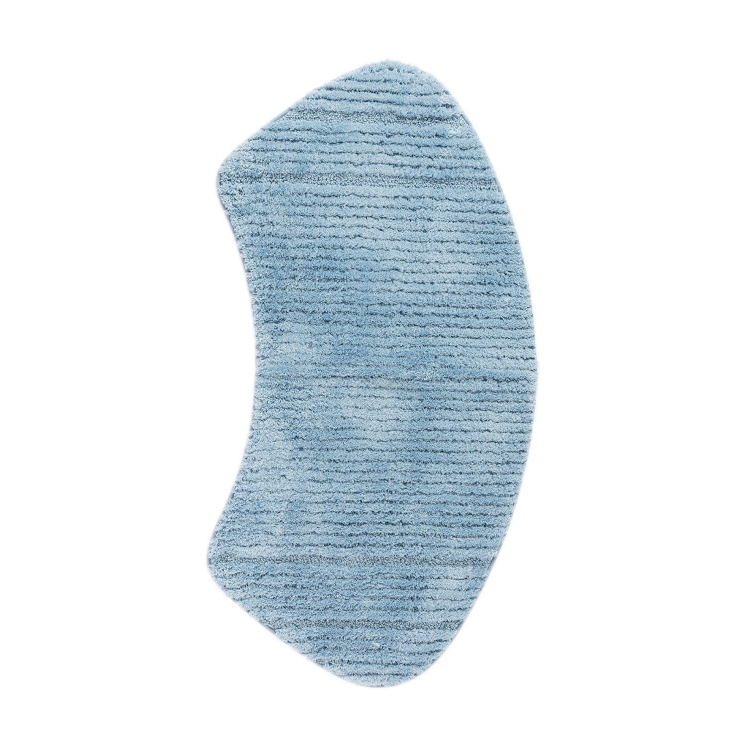 Pale blue curved shower mat with soft striped texture on a white background.