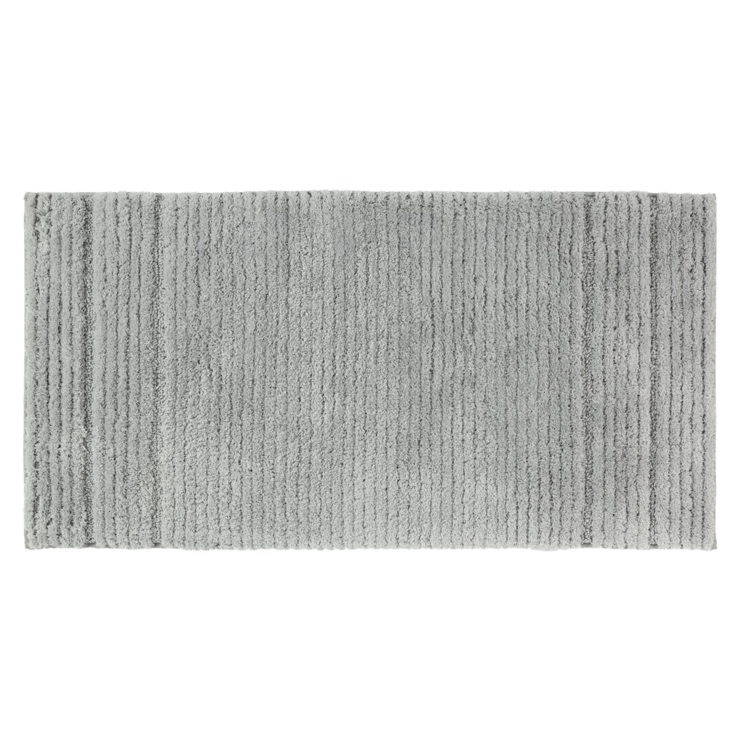 Grey striped bath runner with soft textured pile on a white background.