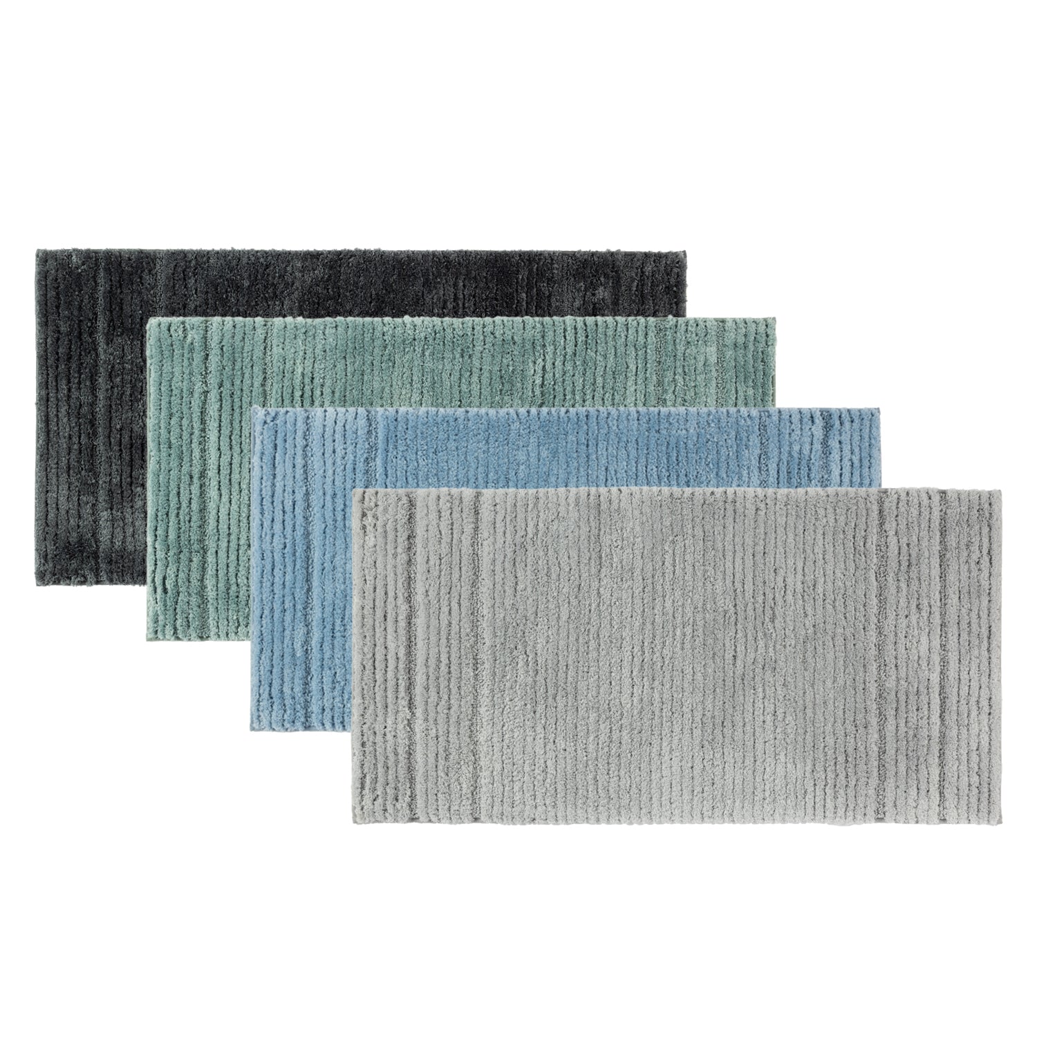Four striped bath runner mats in coal, sea mist, pale blue, and grey on a white background.