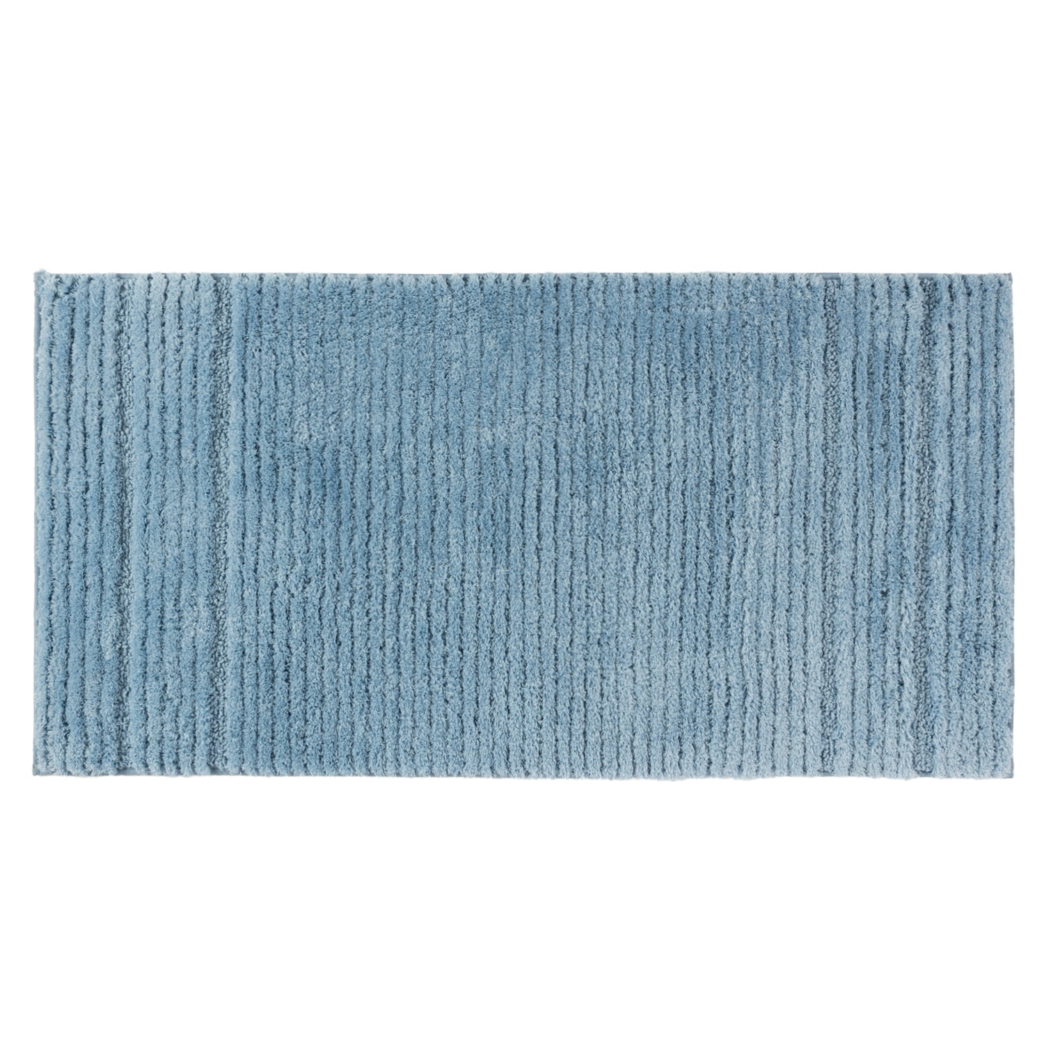 Pale blue striped bath runner with soft textured pile on a white background.
