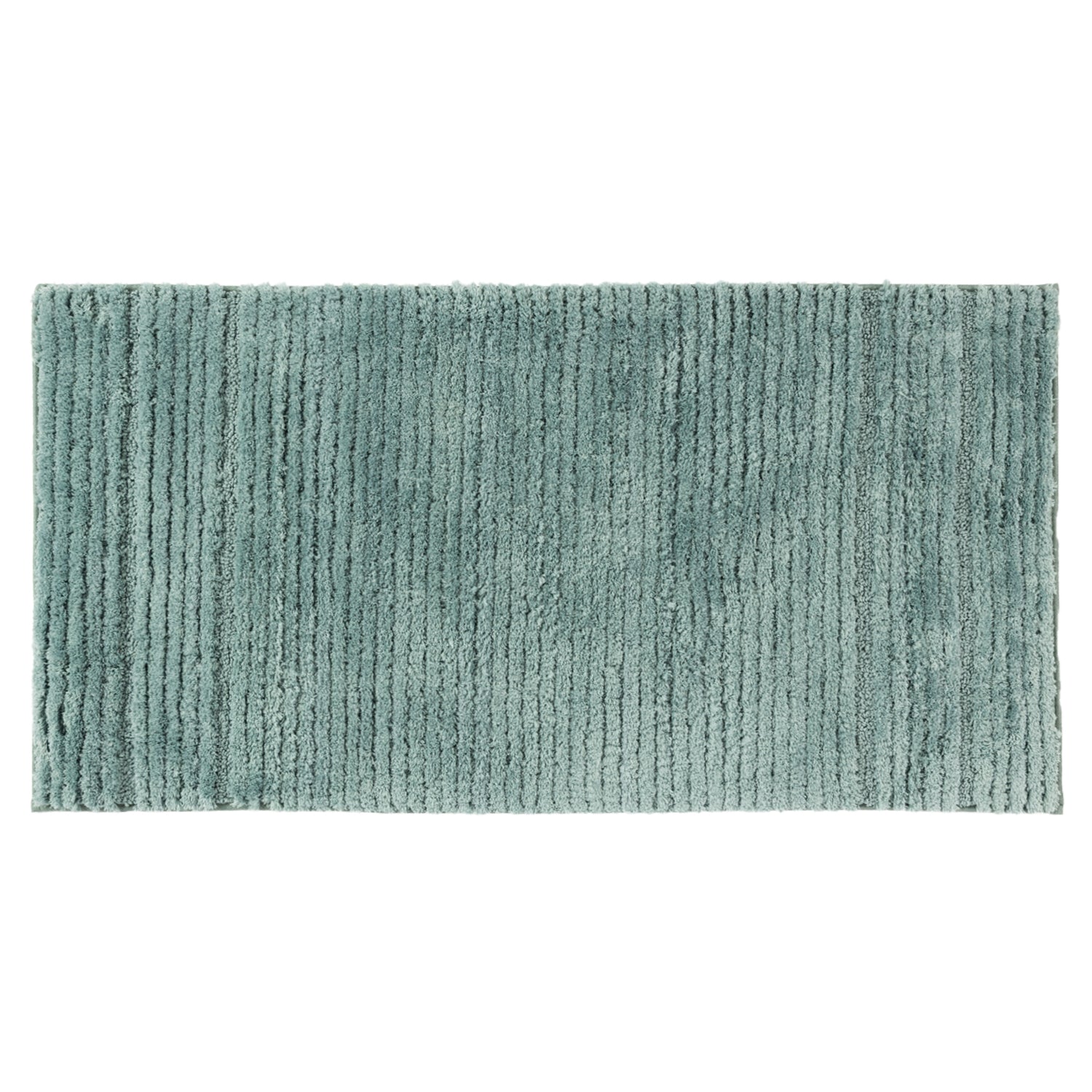 Sea Mist striped bath runner with soft textured pile on a white background.