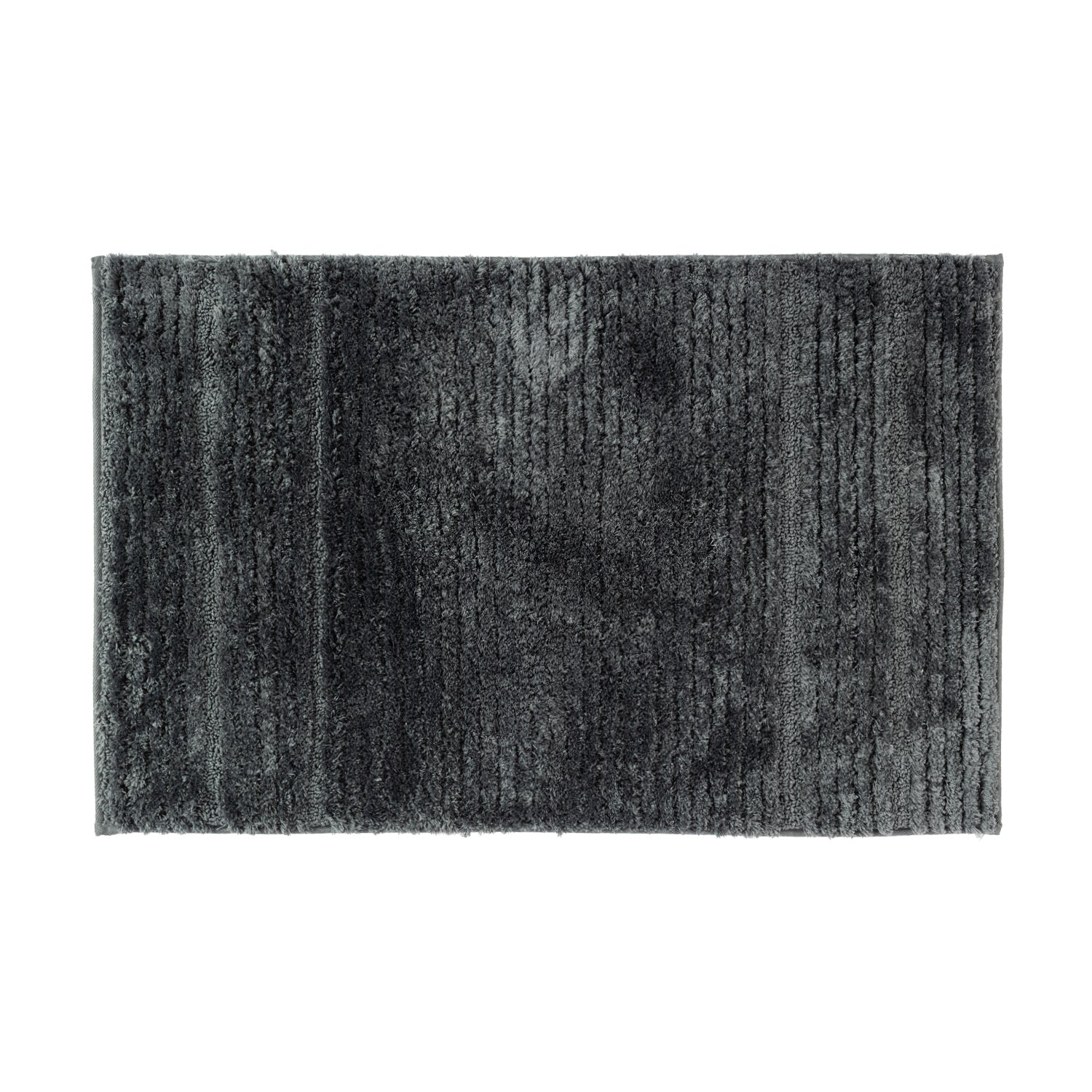 Coal striped bath mat with soft textured pile on a white background.