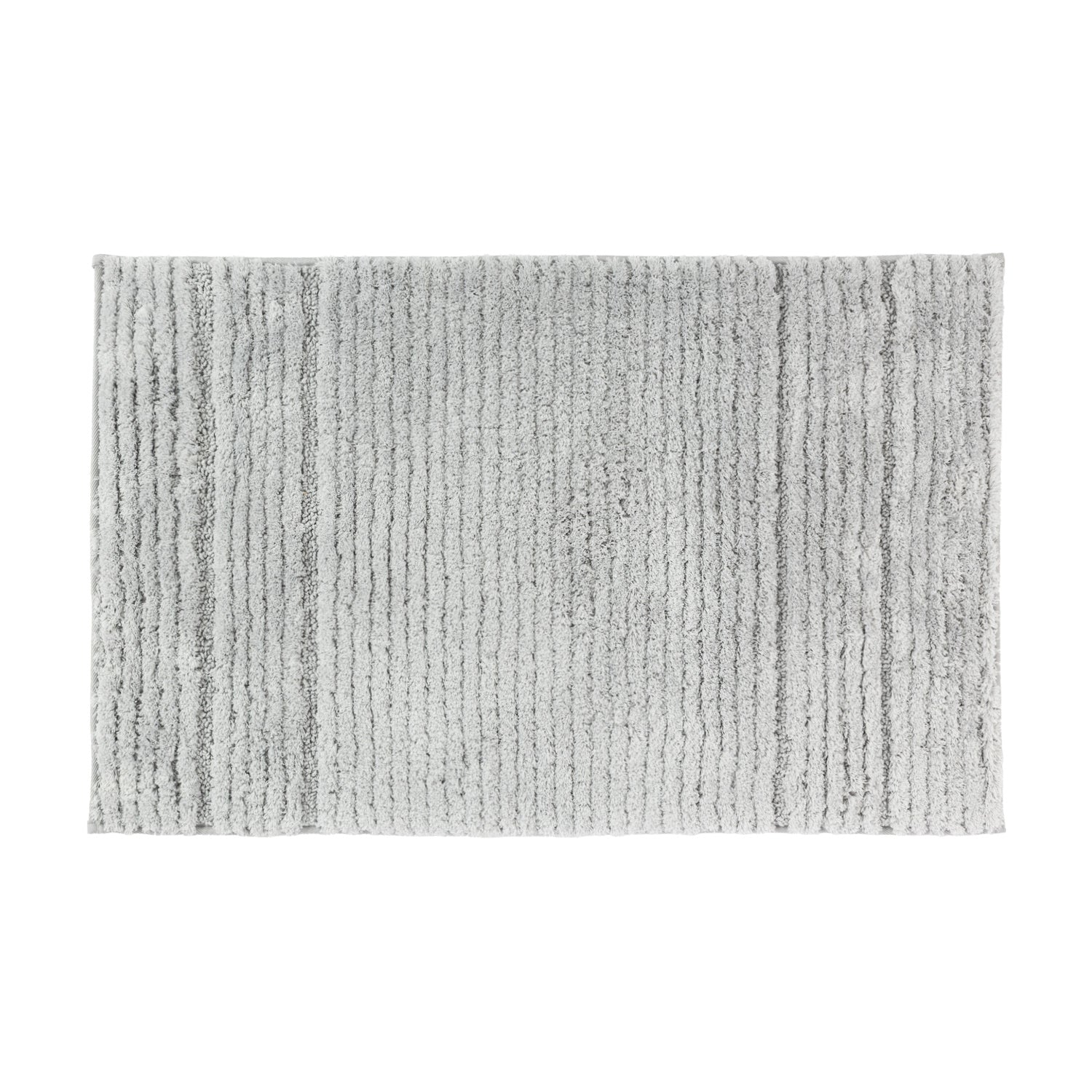 Grey striped bath mat with soft textured pile on a white background.
