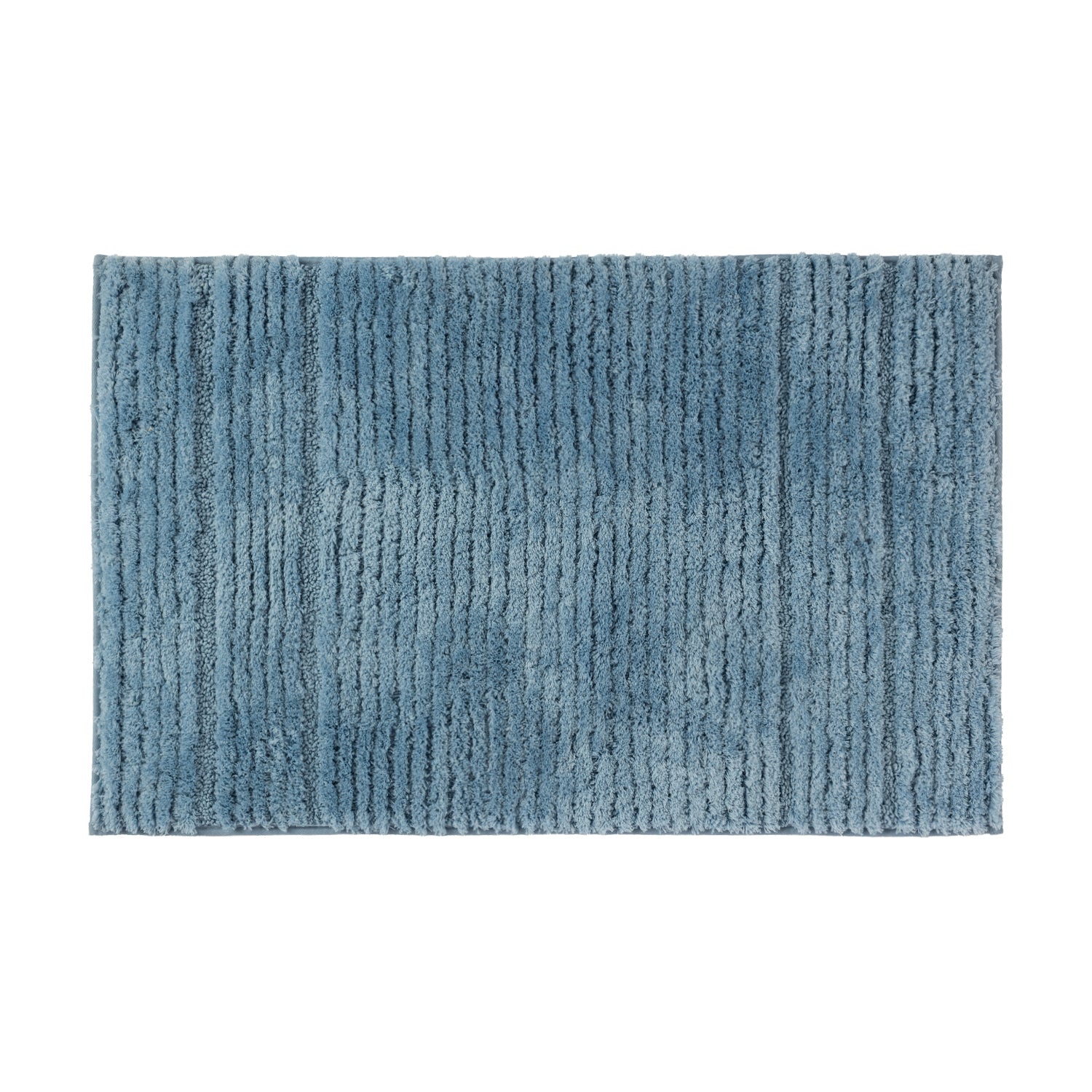 Pale blue striped bath mat with soft textured pile on a white background.