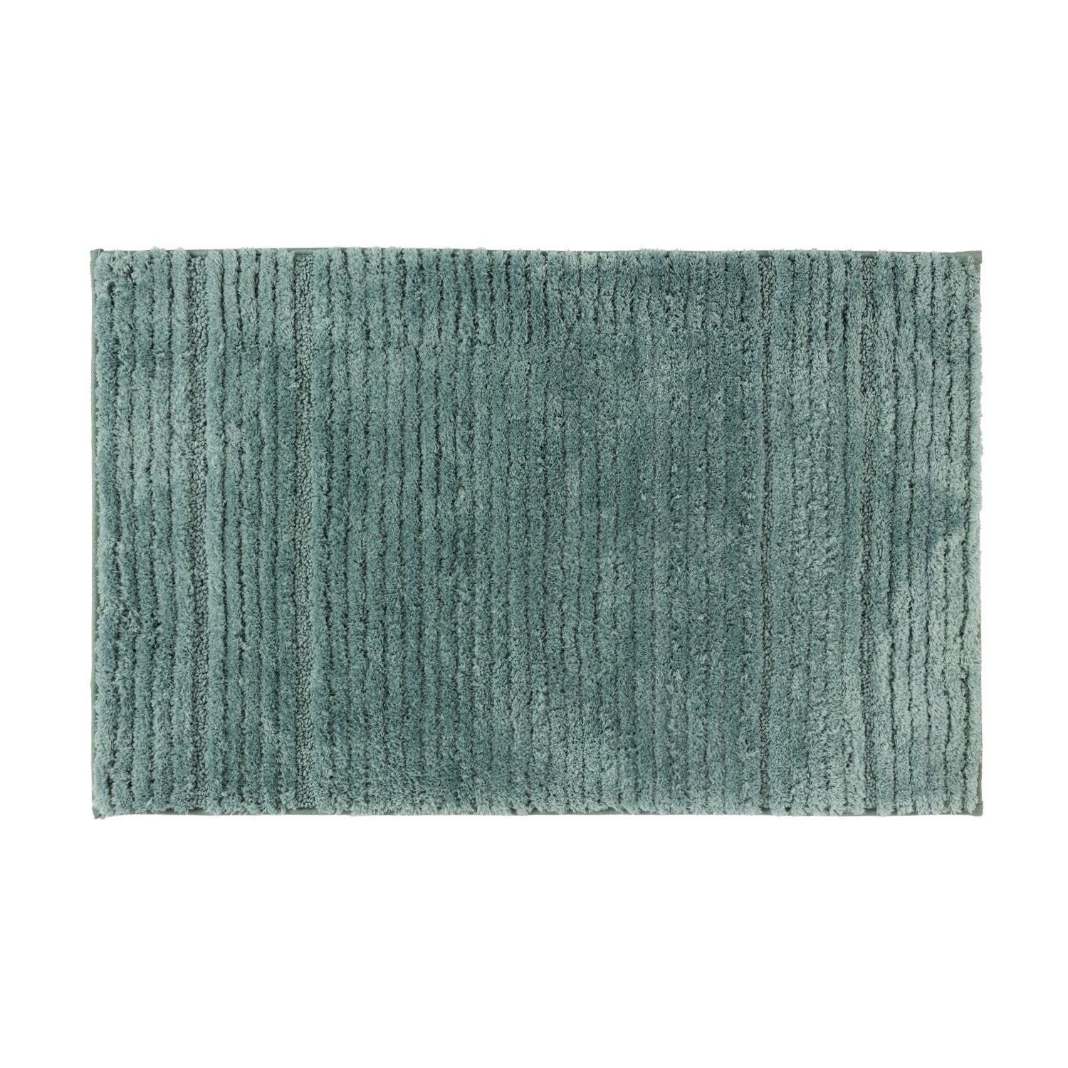 Sea Mist striped bath mat with soft textured pile on a white background.