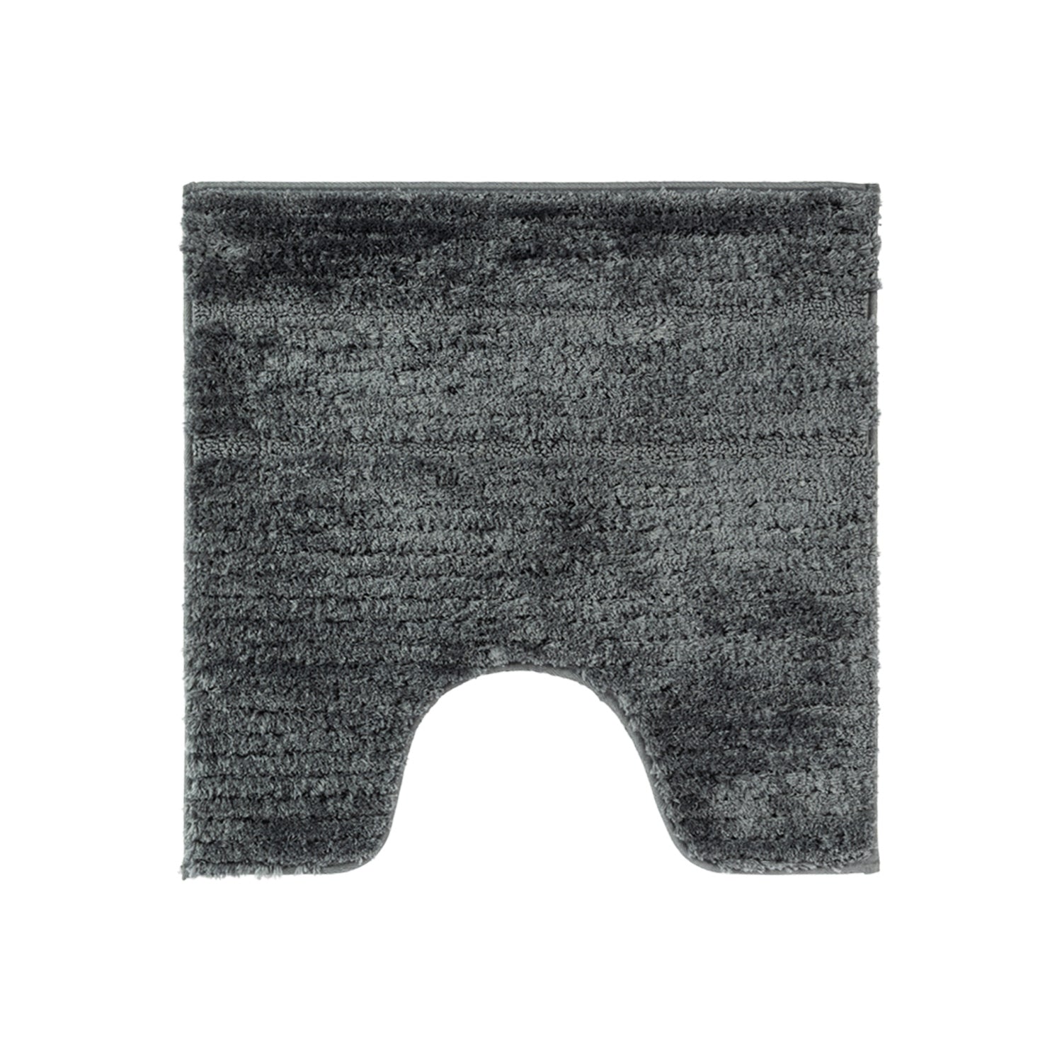 Coal striped contour bath mat with soft textured pile and toilet cut-out on a white background.