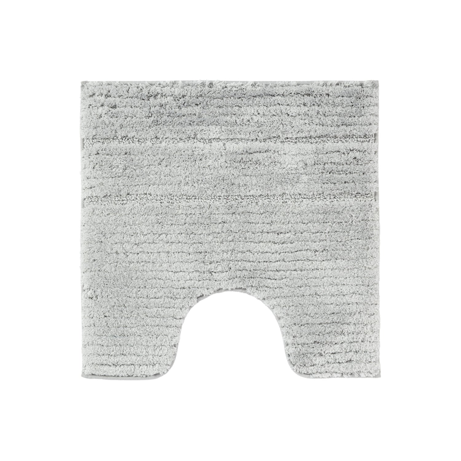 Grey striped contour bath mat with soft textured pile and toilet cut-out on a white background.