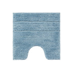 Pale blue striped contour bath mat with soft textured pile and toilet cut-out on a white background.