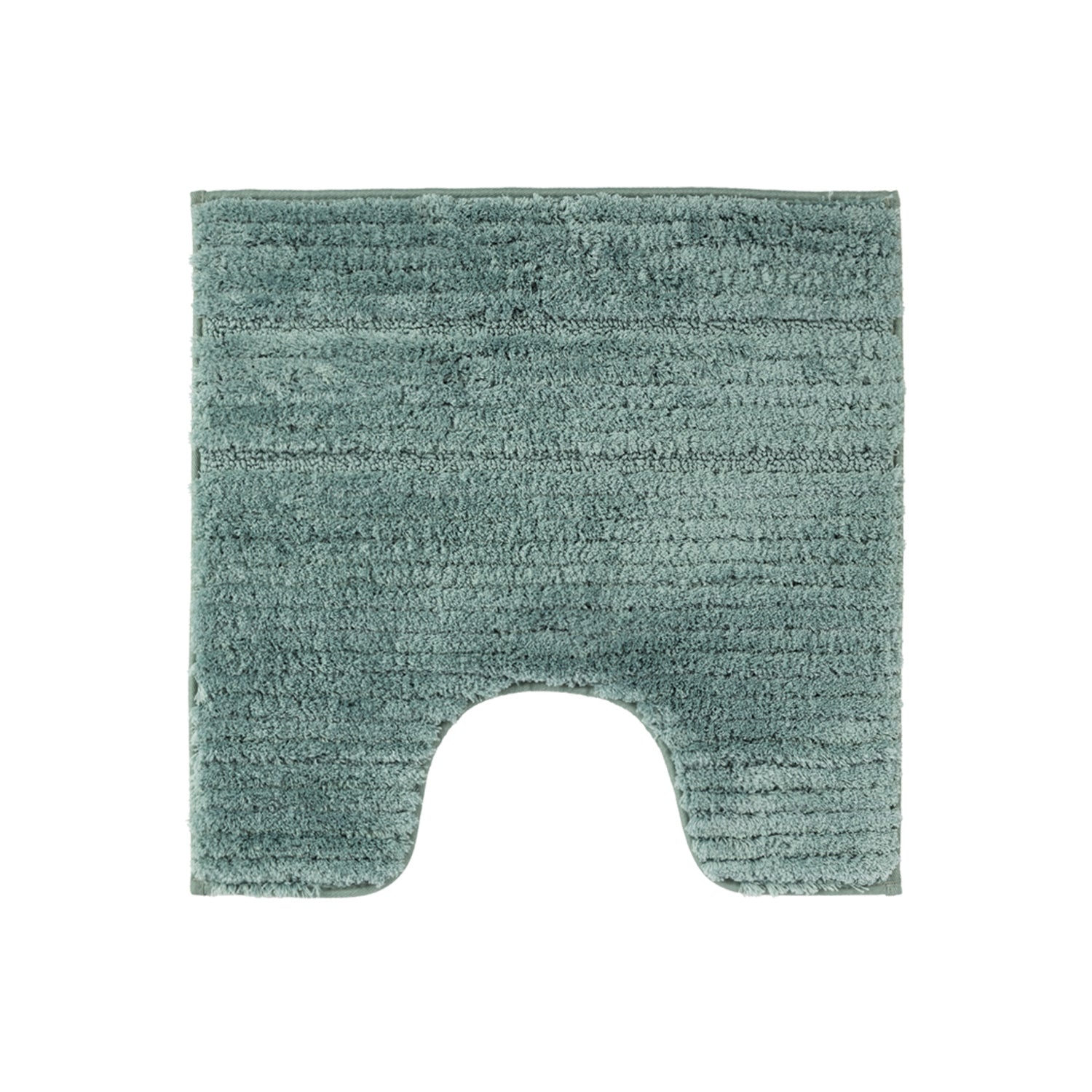 Sea mist striped contour bath mat with soft textured pile and toilet cut-out on a white background.