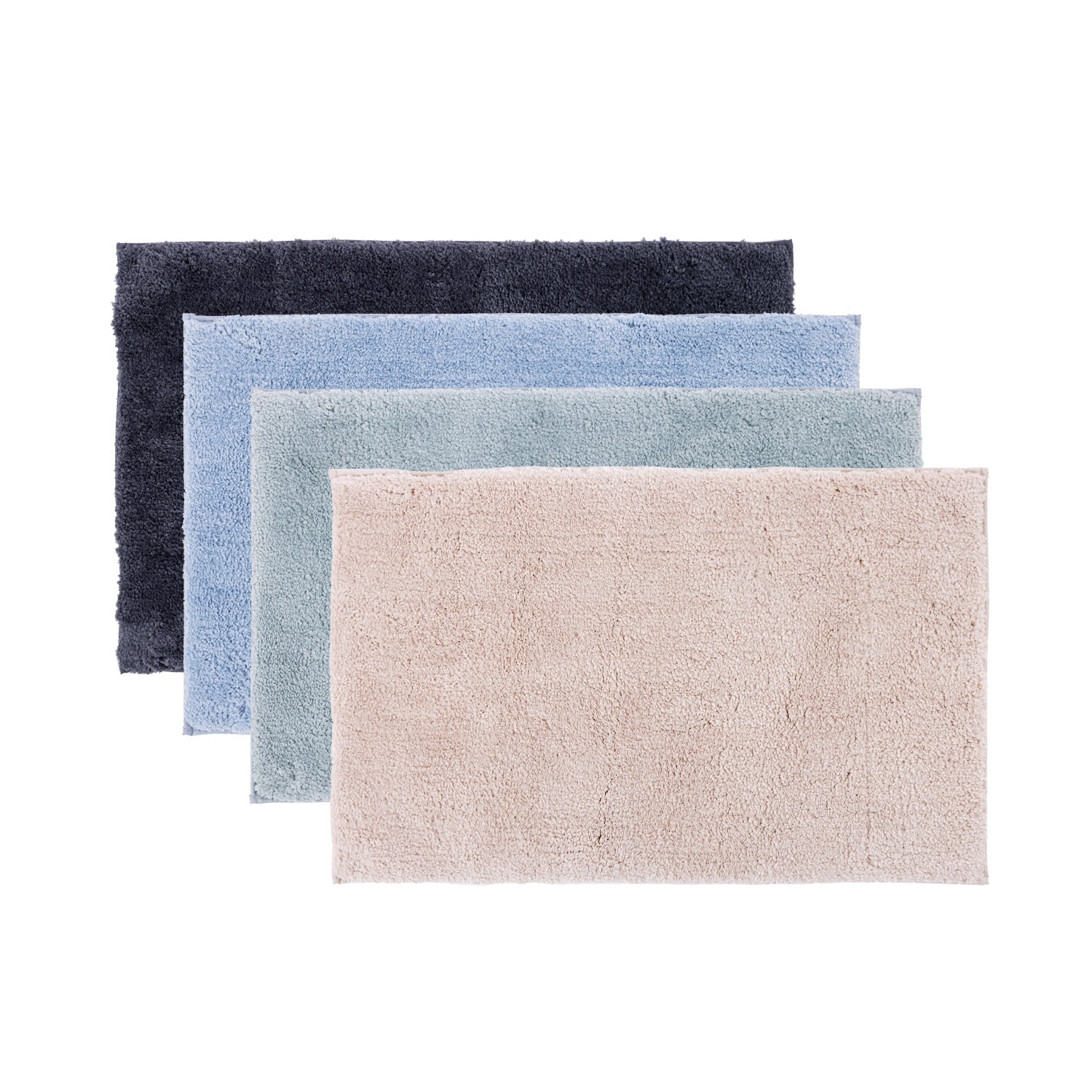 plush bathmat collection Charcoal, Natural, Sea Mist & Pale Blue on plain white background.