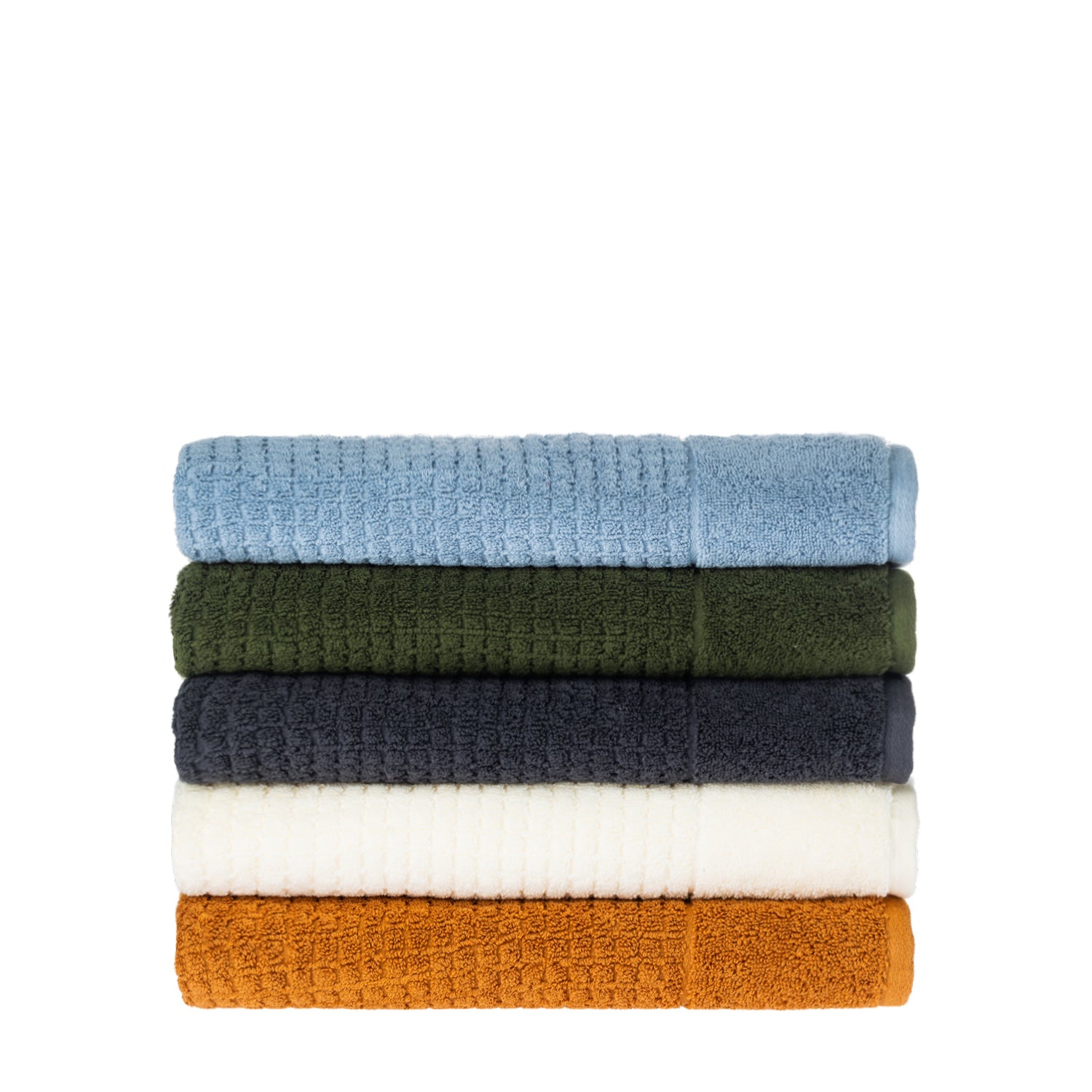 Side view of folded Fieldcrest Marney textured bath towels stacked in blue, green, charcoal, ivory, and caramel.