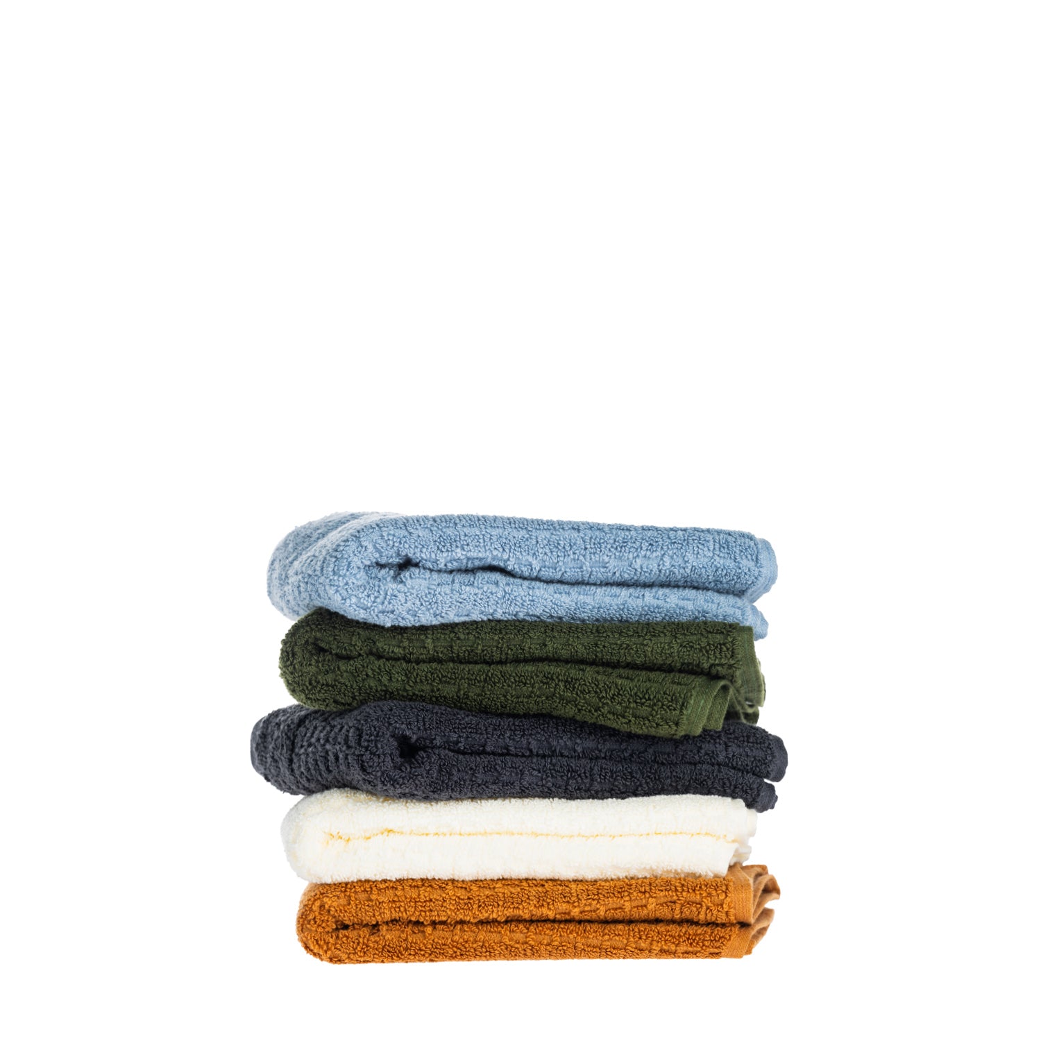 Side view of folded Fieldcrest Marney textured face cloths stacked in blue, green, charcoal, ivory, and caramel.