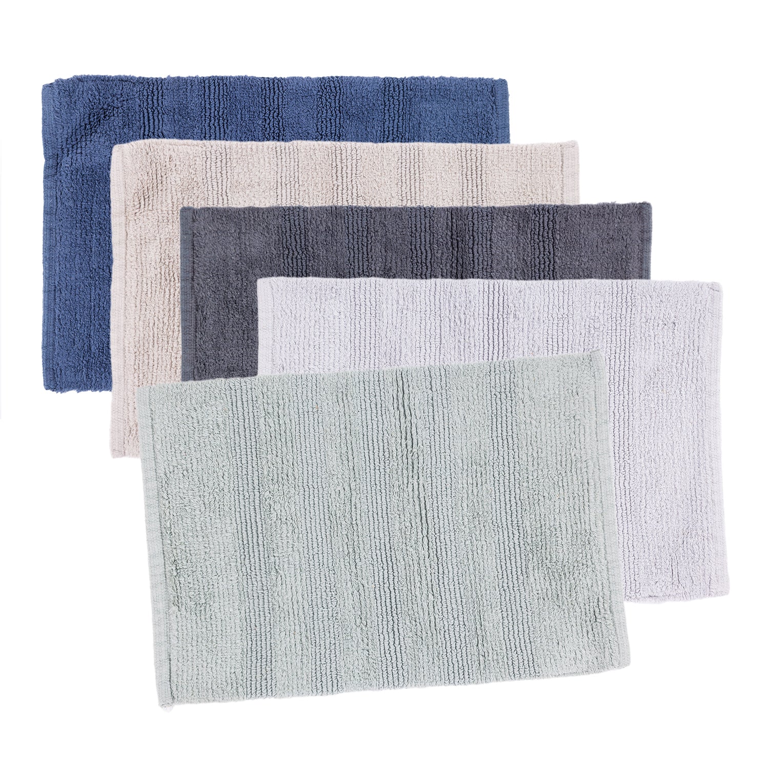 Five textured bath mat in different colors, stacked in an overlapping fan arrangement on a solid white background. The colors are Navy, taupe, Silver, Ebony & Sage.