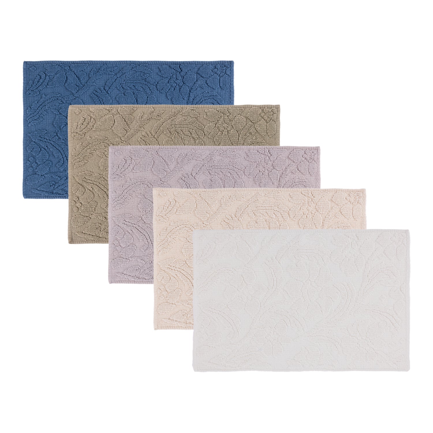 Gracious Living Grace Cotton Bathmat range in navy, khaki, silver, sand and ivory, layered to show the raised floral pattern.
