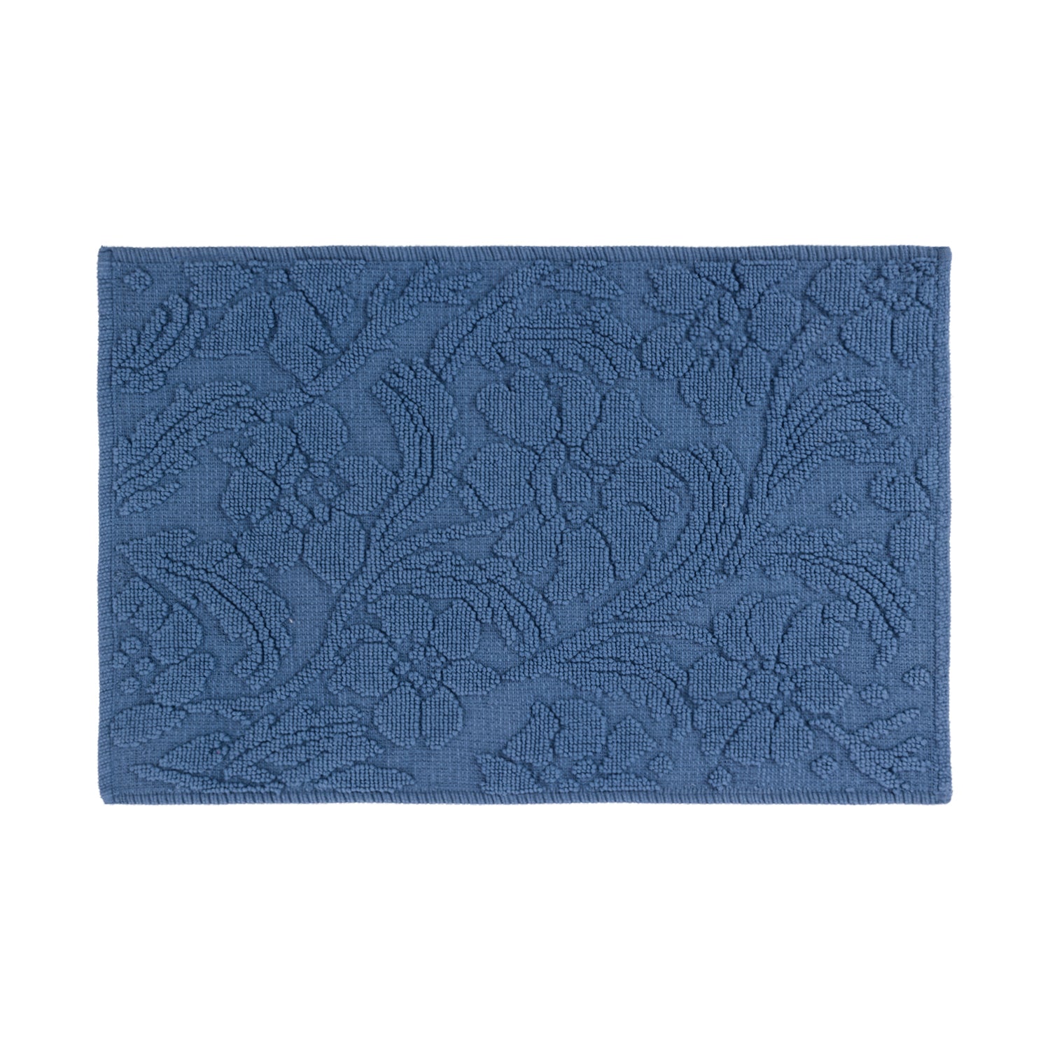 Gracious Living Grace Cotton Bathmat in navy with a raised floral pattern on a white background.