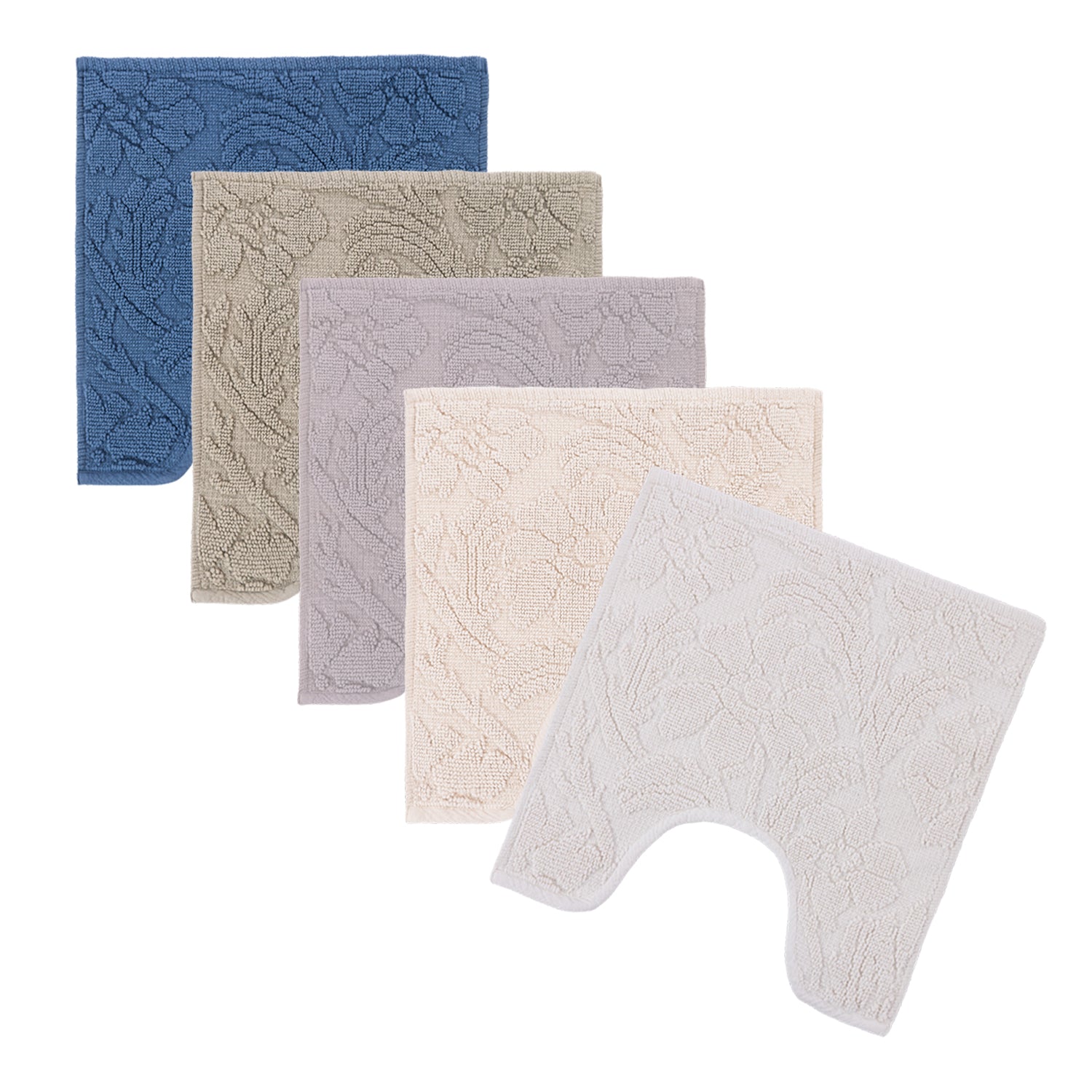 Gracious Living Grace Cotton Contour Mat range in navy, khaki, silver, sand and ivory, layered to show the raised floral pattern.