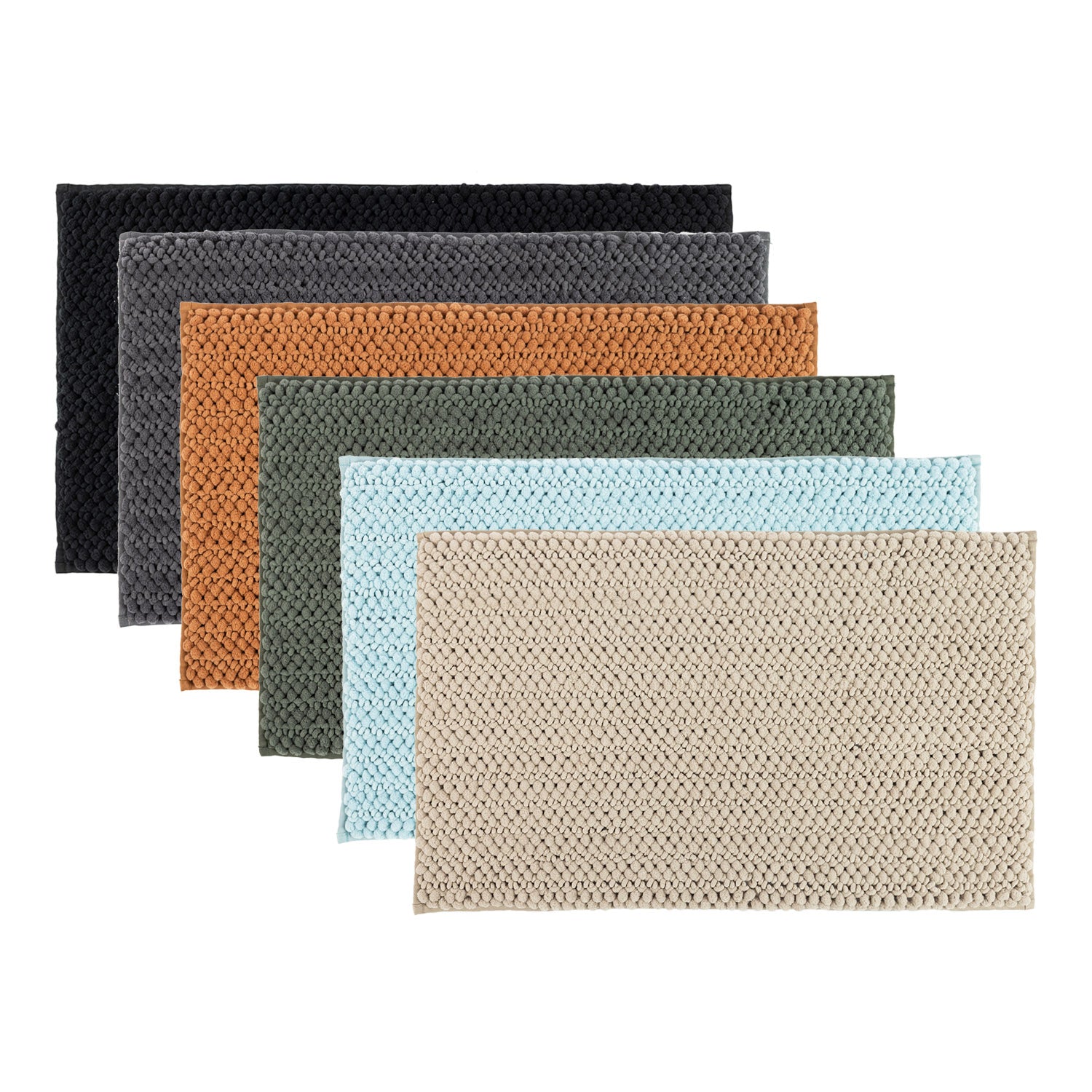 Design Republique Petra Toggle Bathmat range in Almond, Faded Blue, Khaki, Oatmeal, Smoke, and Coal, showcasing the available colour options.