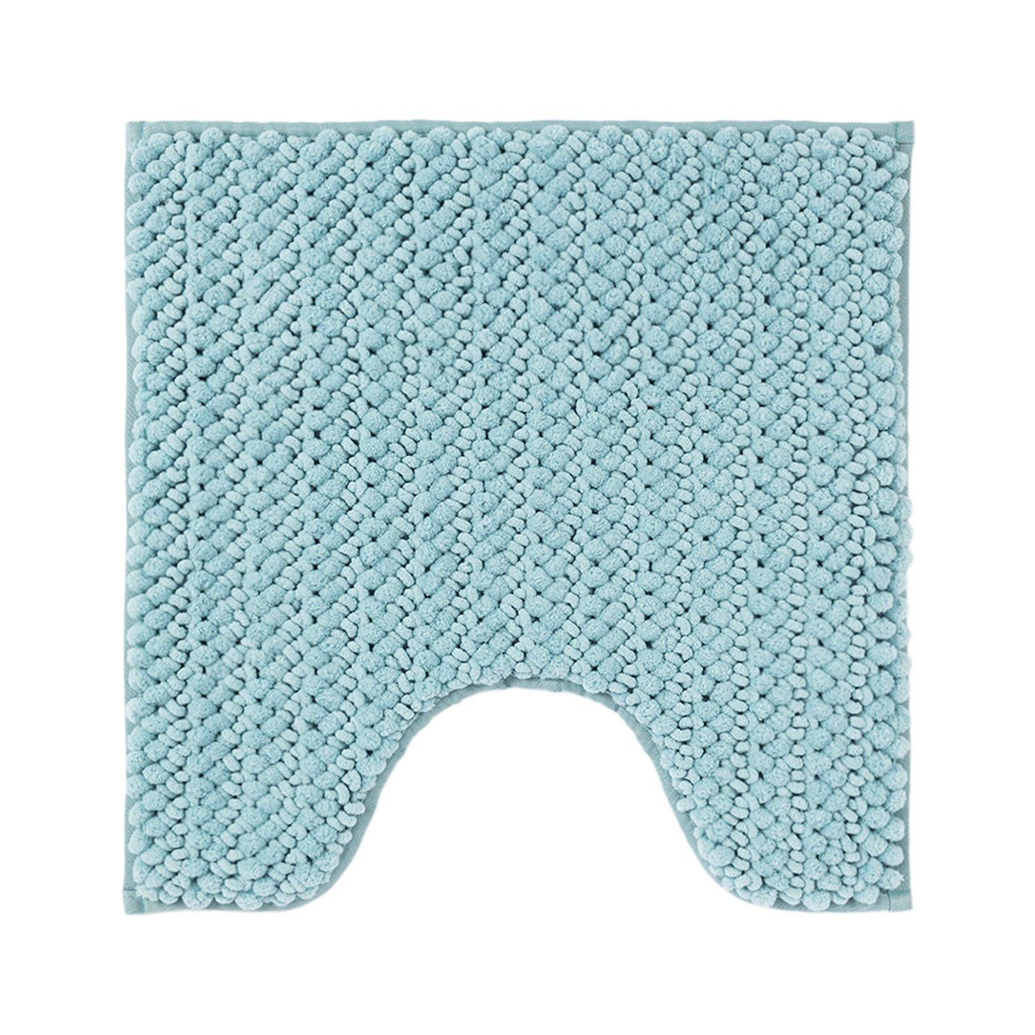 Design Republique Petra Toggle Contour Mat in Faded Blue with a soft chenille toggle texture and contoured shape to fit neatly around the base of a toilet.