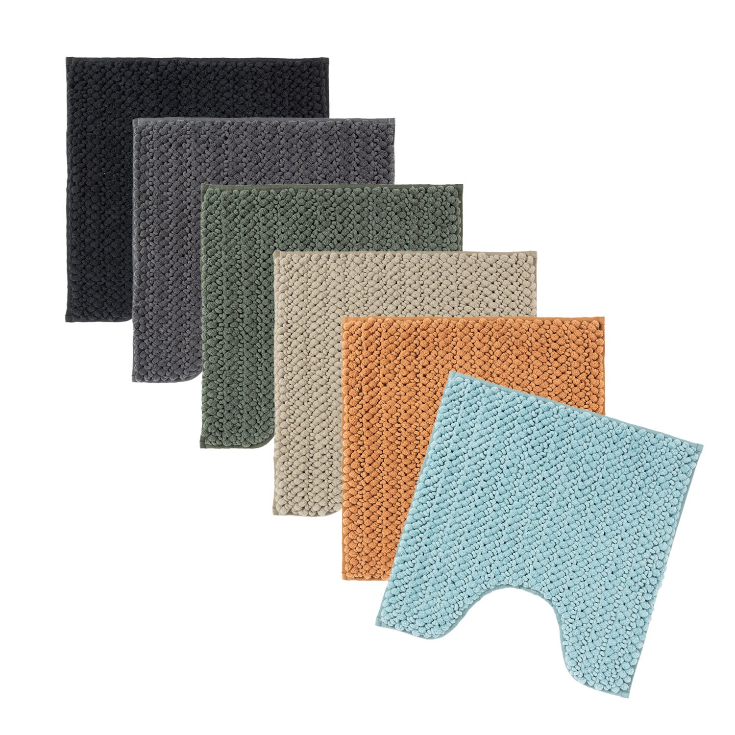 Design Republique Petra Toggle Contour Mat range in Coal, Smoke, Khaki, Almond, Oatmeal, and Faded Blue, showcasing the available colour options.