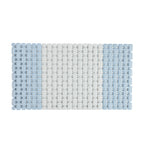 White and pale blue interlocking shower mat with a textured rectangular tile design, providing a cushioned surface for use in showers and wet bathroom areas.
