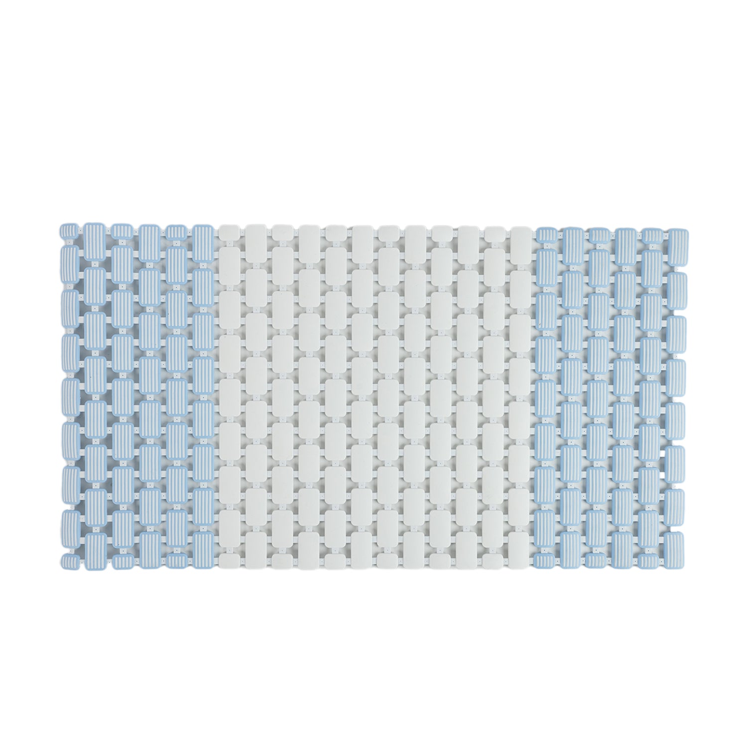 White and pale blue interlocking shower mat with a textured rectangular tile design, providing a cushioned surface for use in showers and wet bathroom areas.
