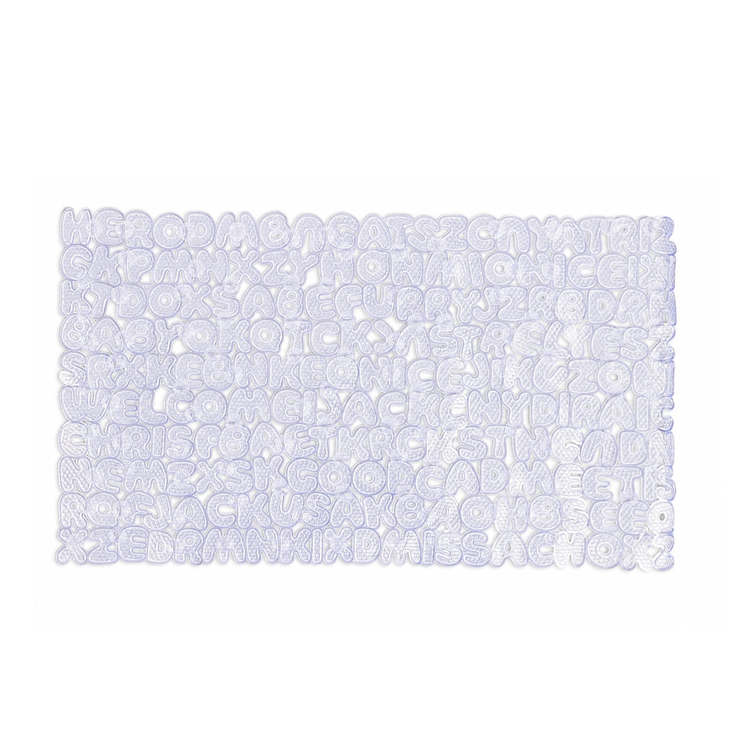 Clear PVC alphabet bathmat featuring a raised A–Z letter design with textured detailing for added grip and comfort in showers and baths.