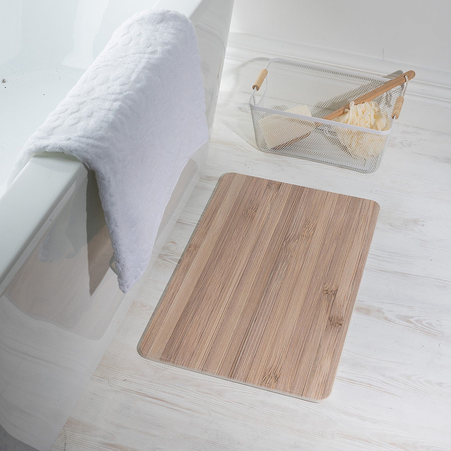 wood look quick dry Stone bathmat featuring a modern geometric pattern, styled beside a bathtub in a bright contemporary bathroom setting.