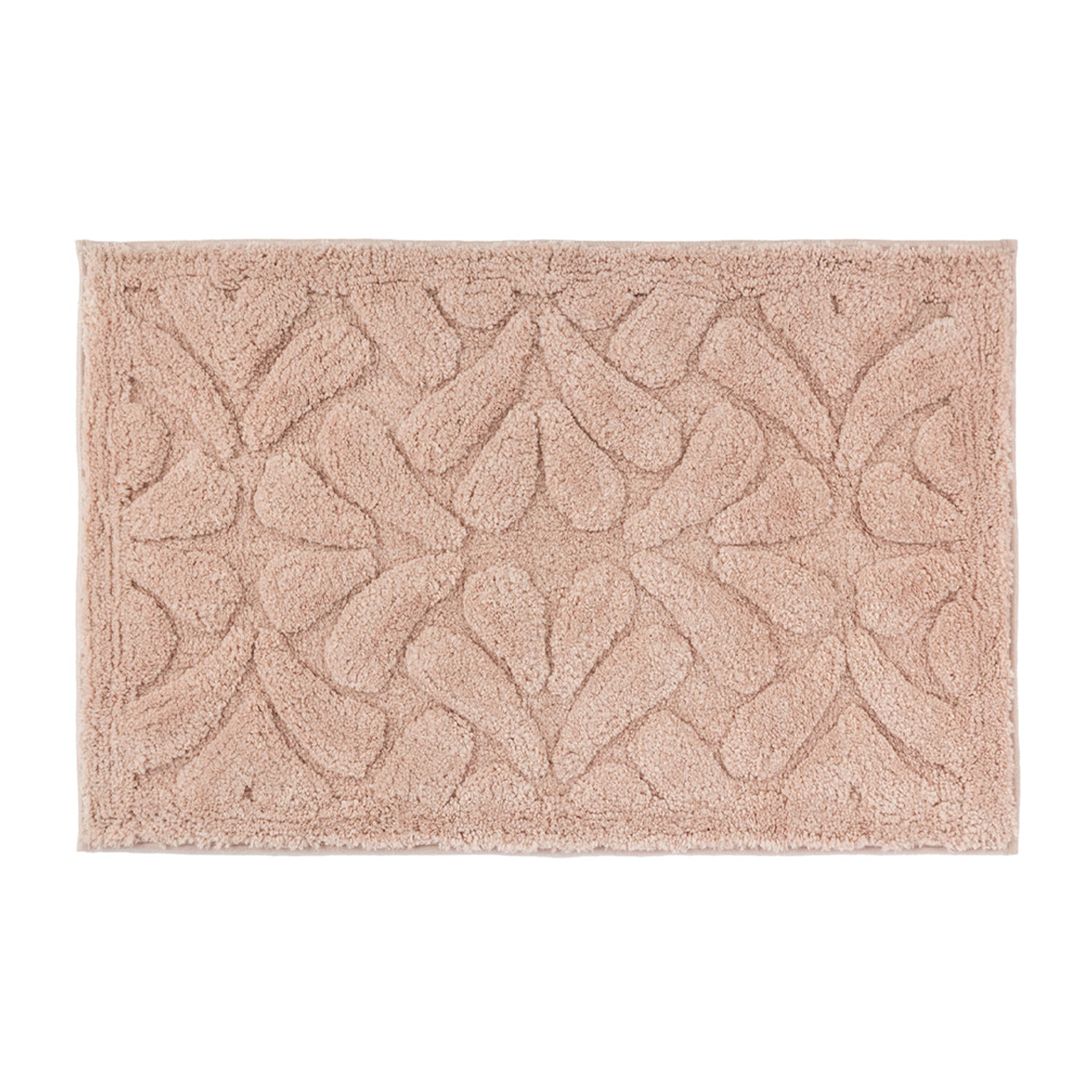 Blush rectangular bath mat with a soft plush finish and raised floral pattern.