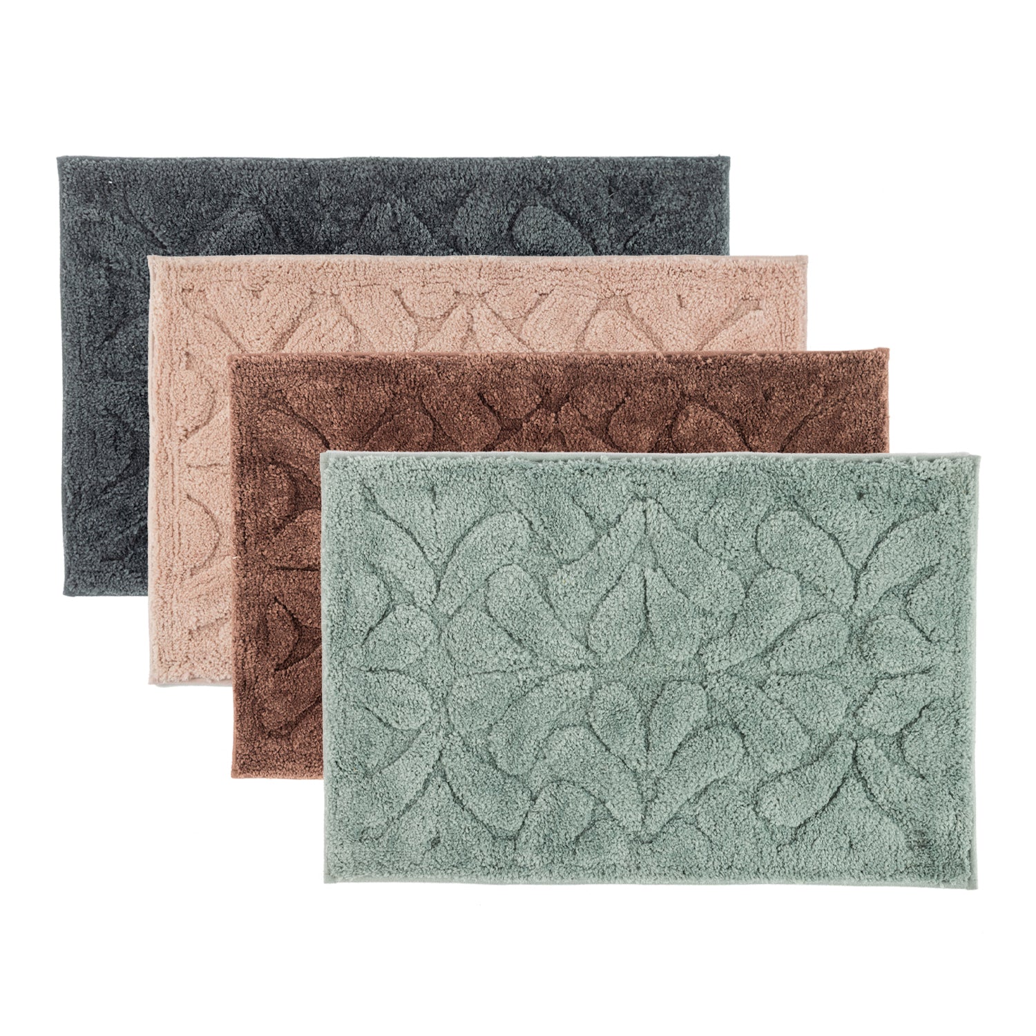Rectangular bath mats available in Blush, Charcoal, Chocolate, and Khaki.