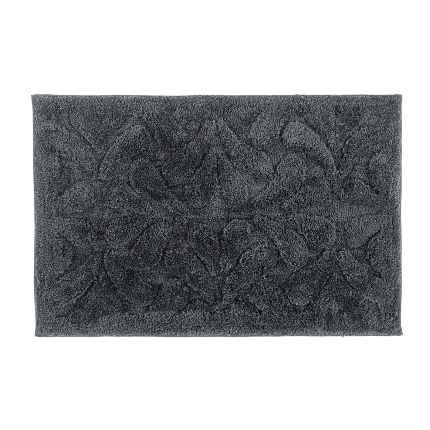 Charcoal rectangular bath mat with a soft plush finish and raised floral pattern.