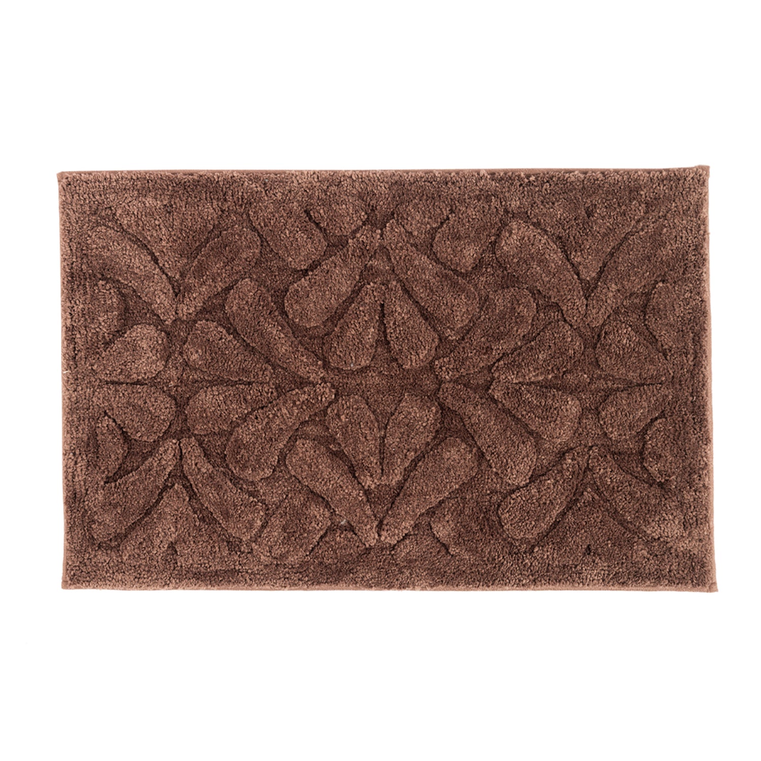 Chocolate rectangular bath mat with a soft plush finish and raised floral pattern.