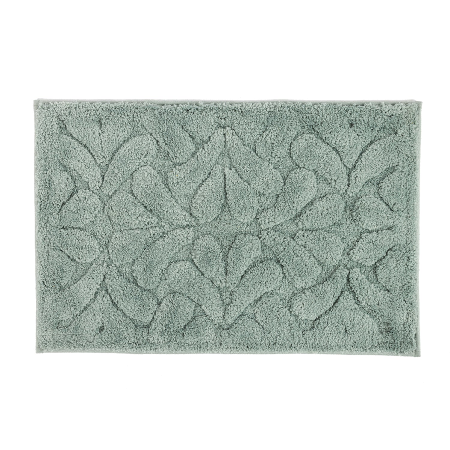 Khaki rectangular bath mat with a soft plush finish and raised floral pattern.