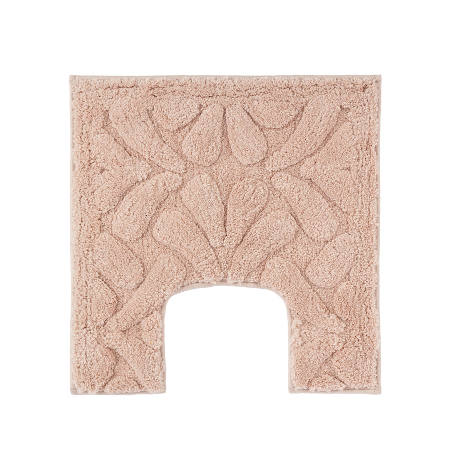 Blush toilet contour mat with a soft plush finish and raised floral pattern.
