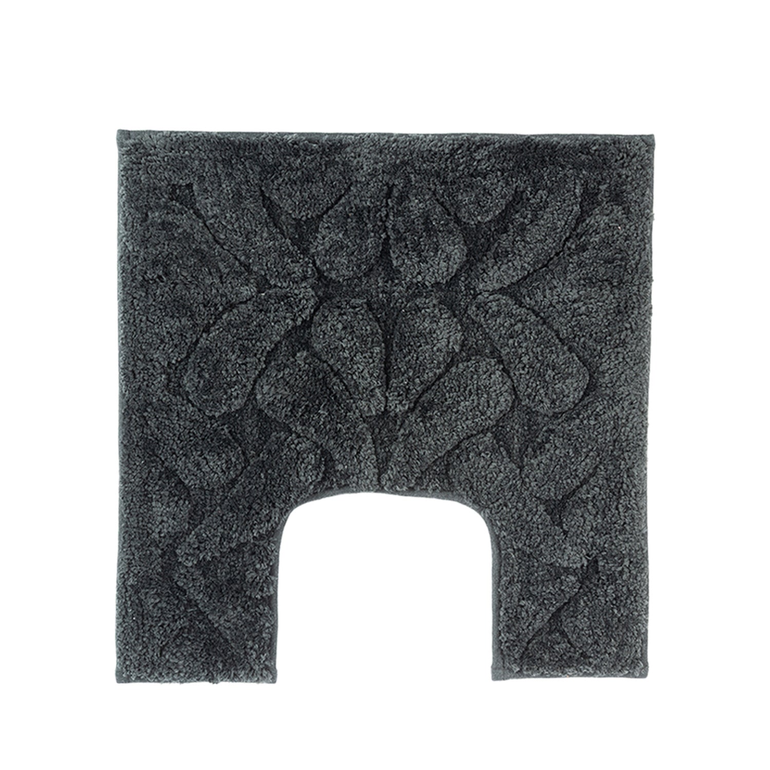 Charcoal toilet contour mat with a soft plush finish and raised floral pattern.