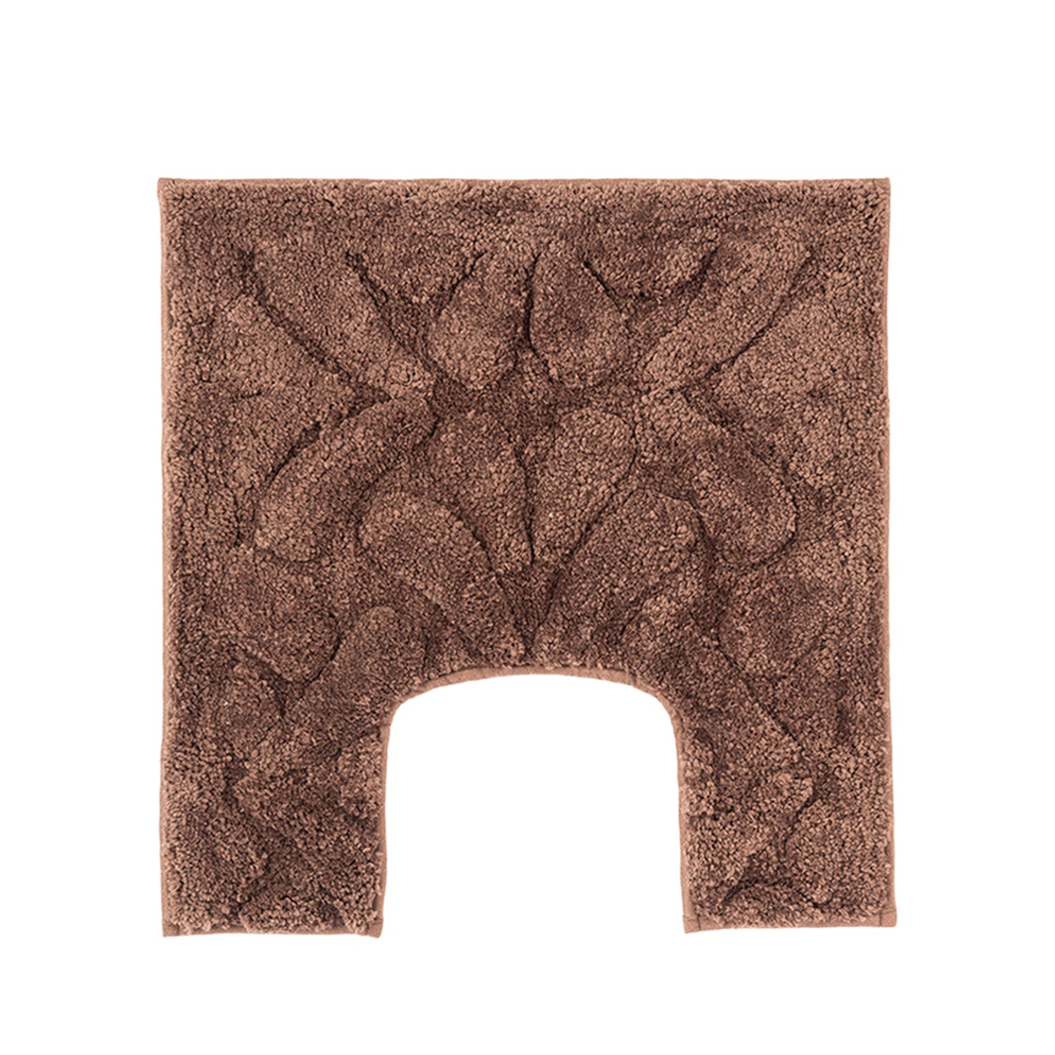 Chocolate toilet contour mat with a soft plush finish and raised floral pattern.