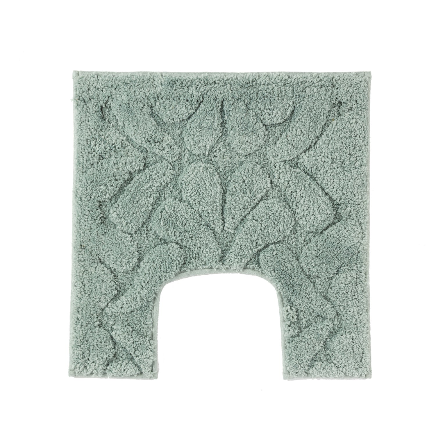 Khaki toilet contour mat with a soft plush finish and raised floral pattern.