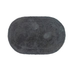 Charcoal plush oval bath mat with a soft textured pile and decorative braided border.