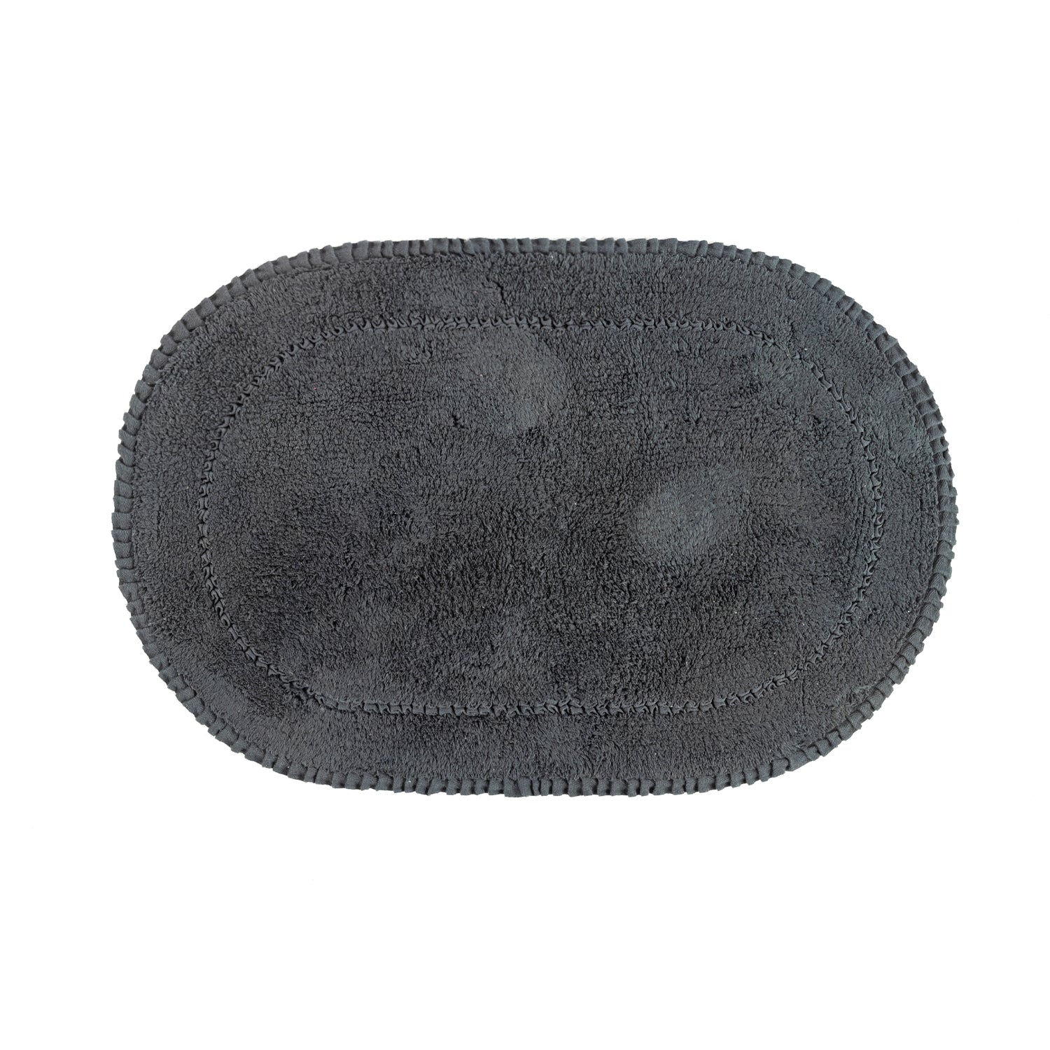 Charcoal plush oval bath mat with a soft textured pile and decorative braided border.