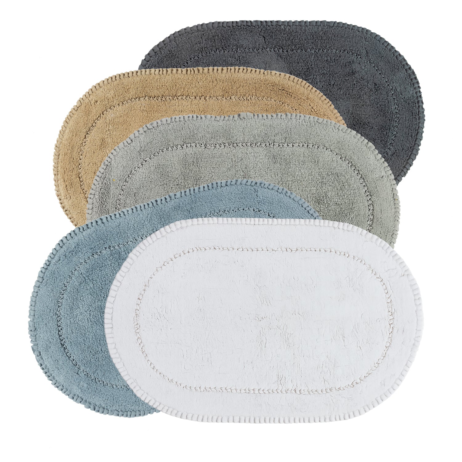 Plush oval bath mats available in White, Denim, Silver, Taupe, and Charcoal.