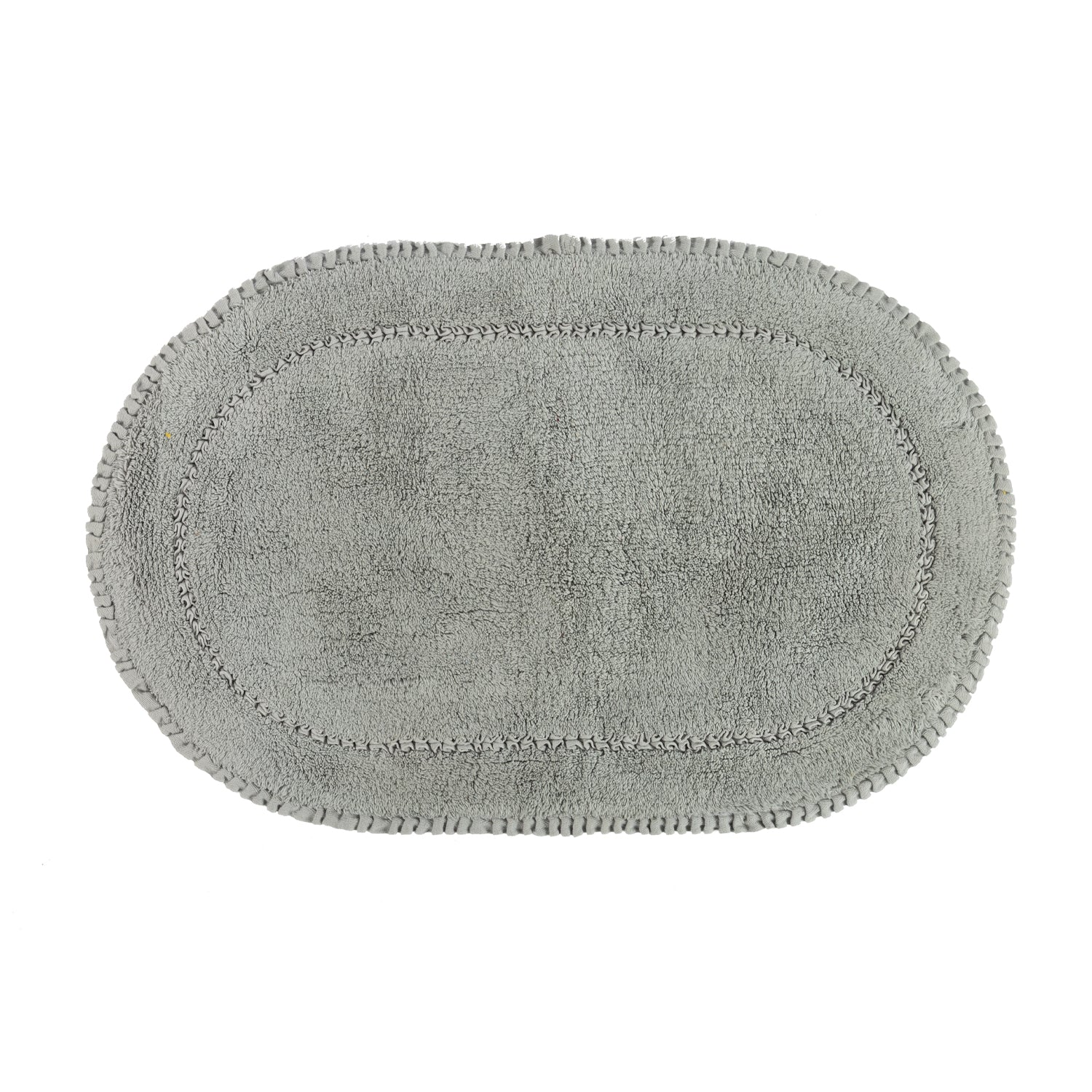 Silver plush oval bath mat with a soft textured pile and decorative braided border.