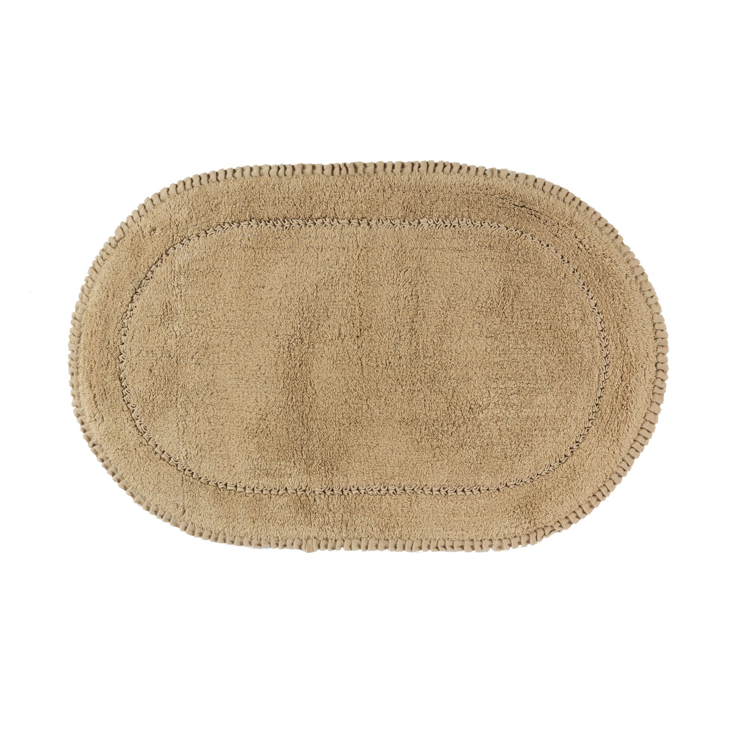 Taupe plush oval bath mat with a soft textured pile and decorative braided border.