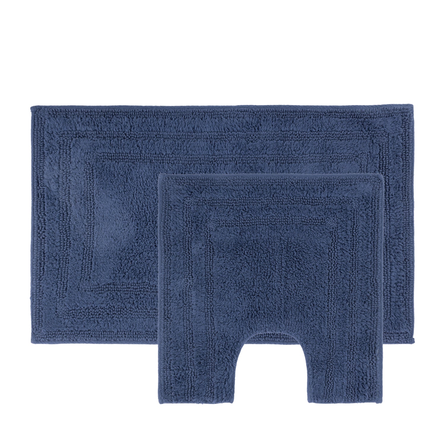 Blue two-piece bath mat and contour mat set with a soft textured pile and bordered design.