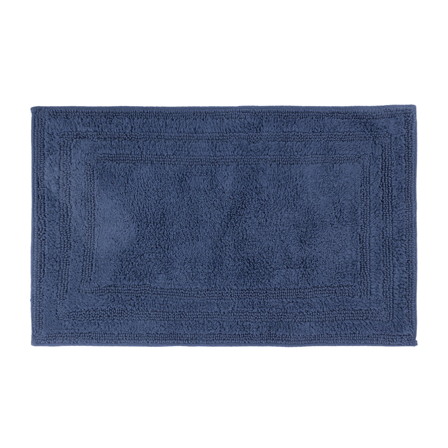 Blue rectangular bath mat with a plush textured surface and layered border detailing.