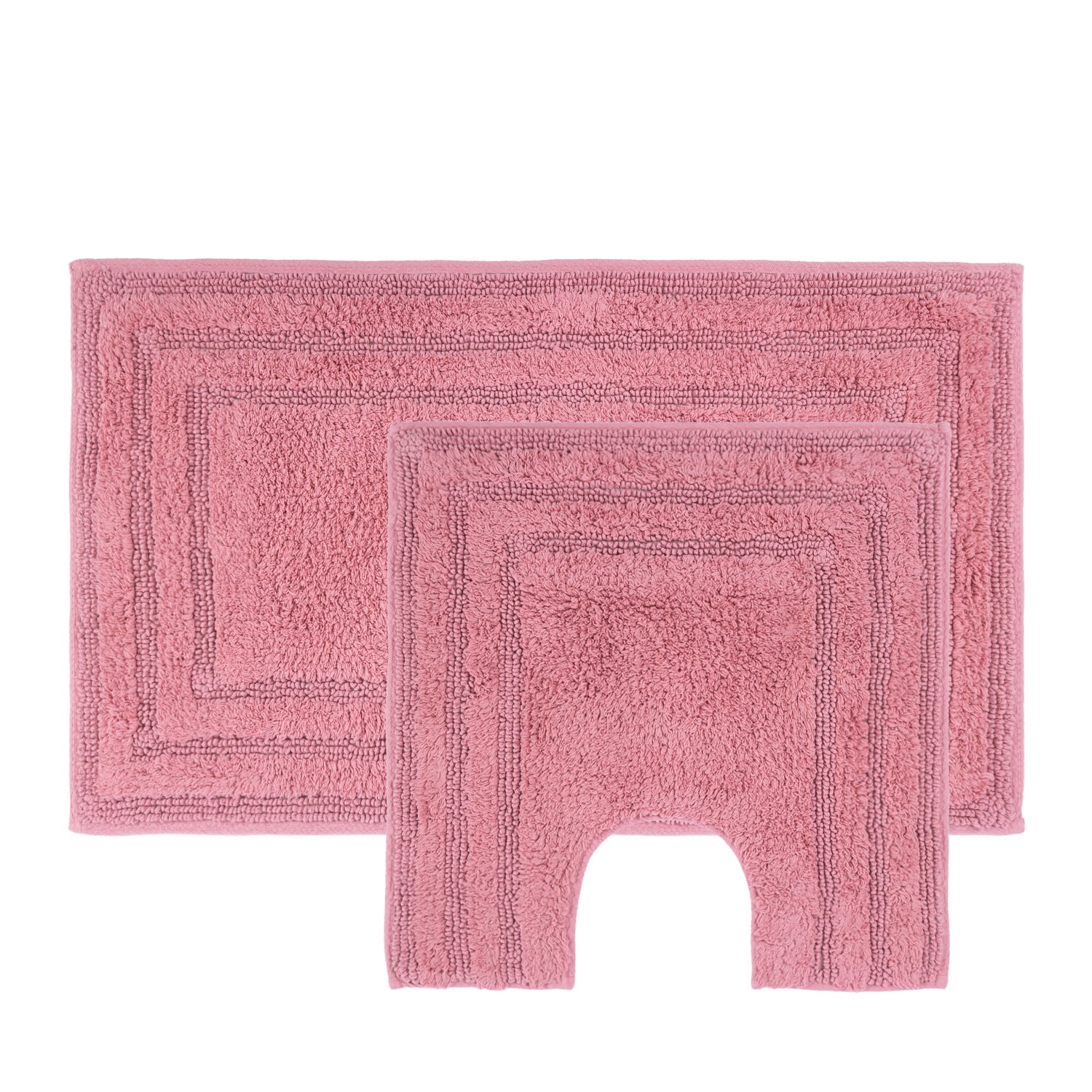 Blush two-piece bath mat and contour mat set with a soft textured pile and bordered design.